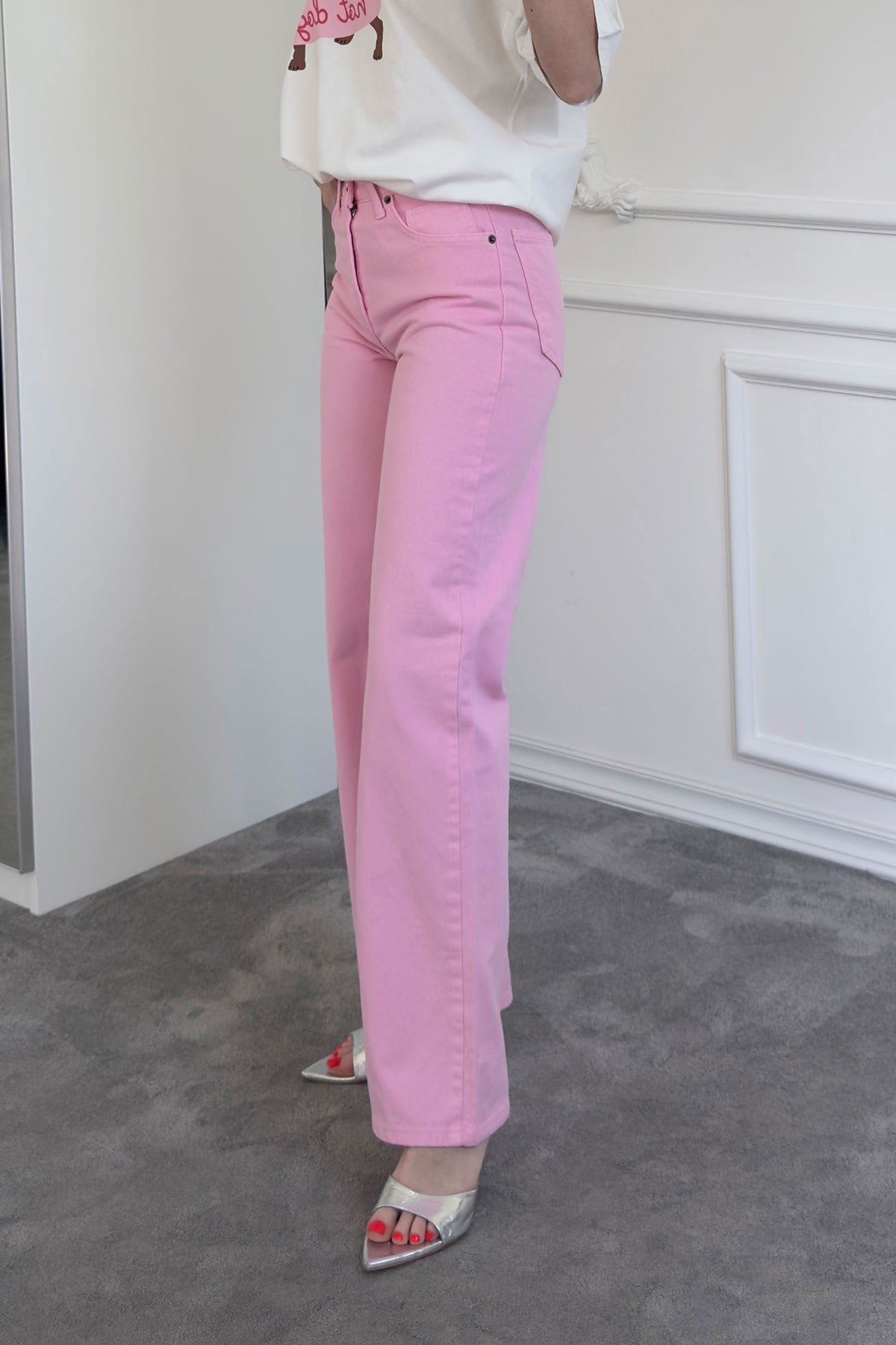 Boru Paça Jean Pantolon- PEMBE