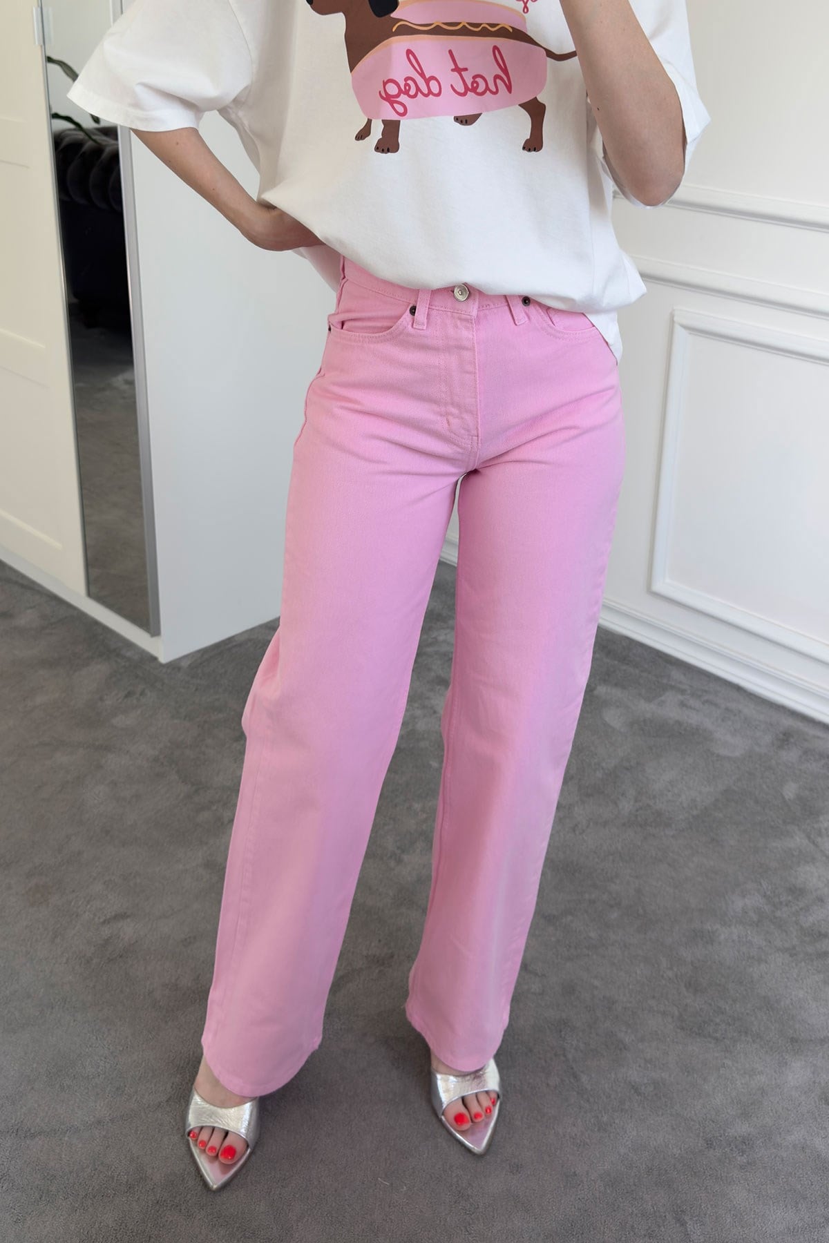 Boru Paça Jean Pantolon- PEMBE