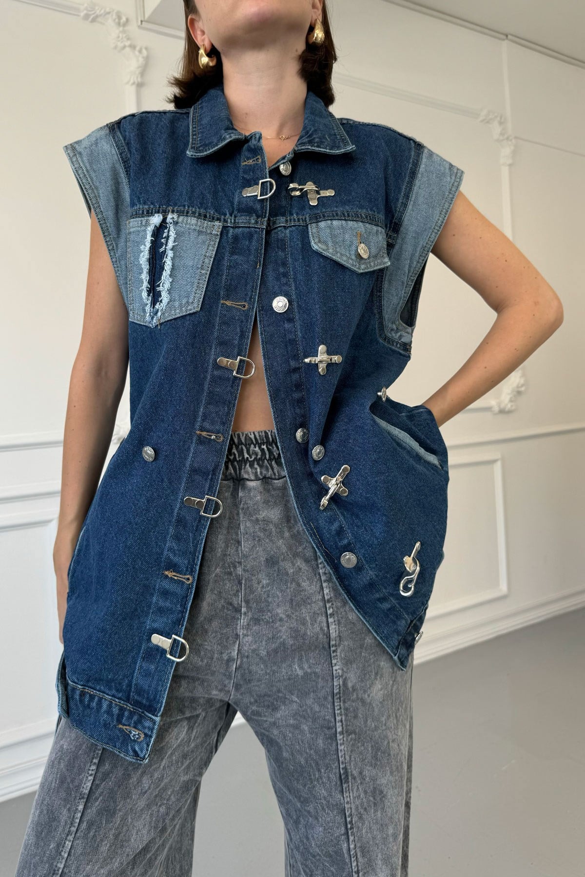 Çengelli Garnili Oversize Denim Ceket- MAVİ