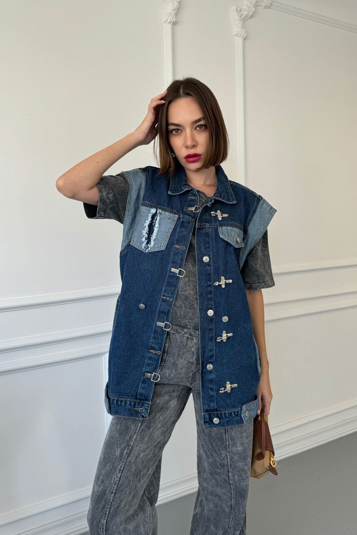 Çengelli Garnili Oversize Denim Ceket- MAVİ