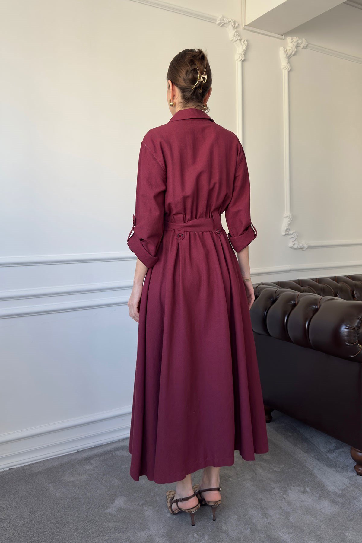 Çift Cepli Bağlamalı Keten Elbise- BORDO