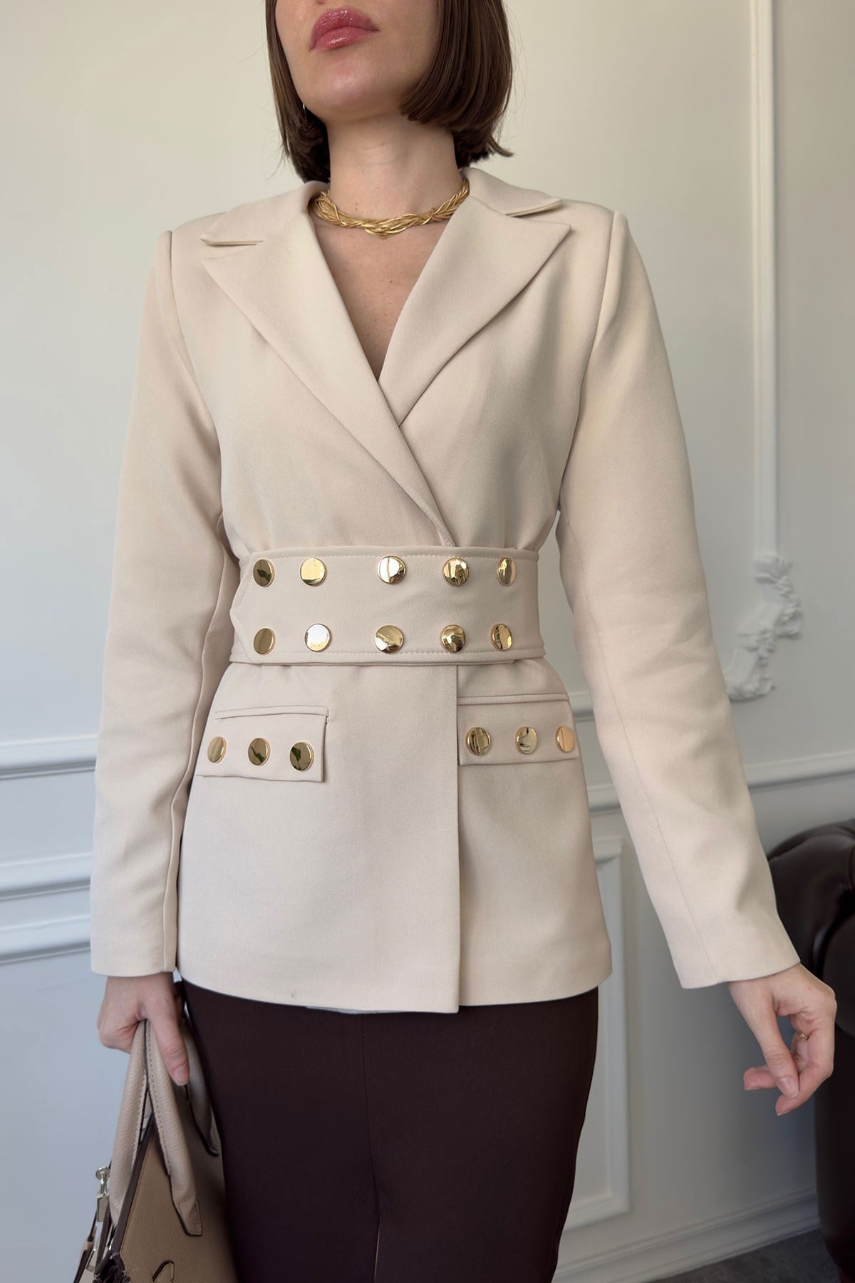 Çıtçıtlı Premium Blazer Ceket- TAŞ