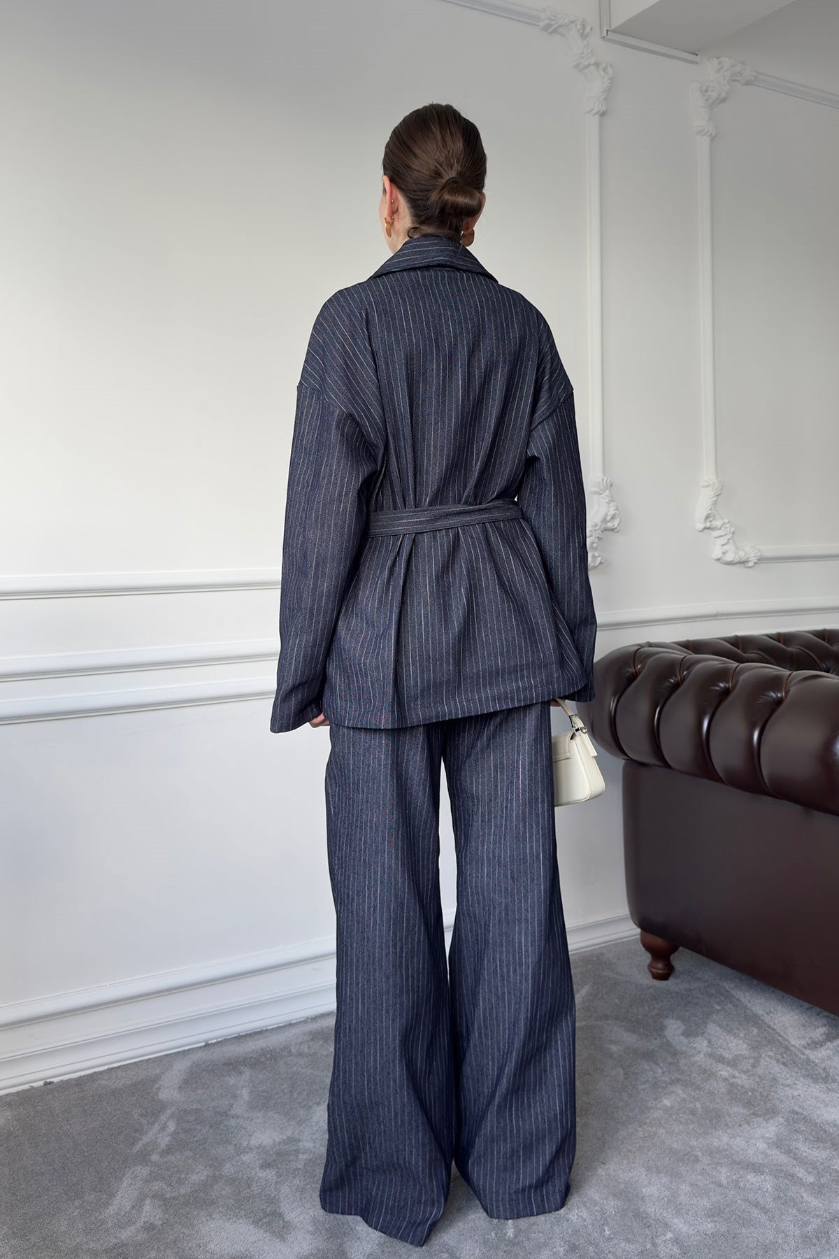 Çizgili Denim Premium Takım- MAVİ