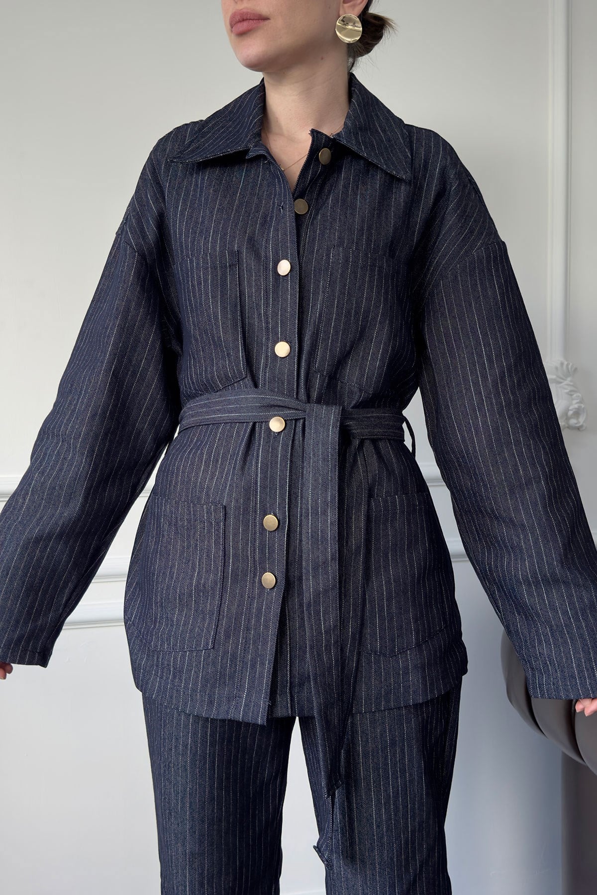 Çizgili Denim Premium Takım- MAVİ