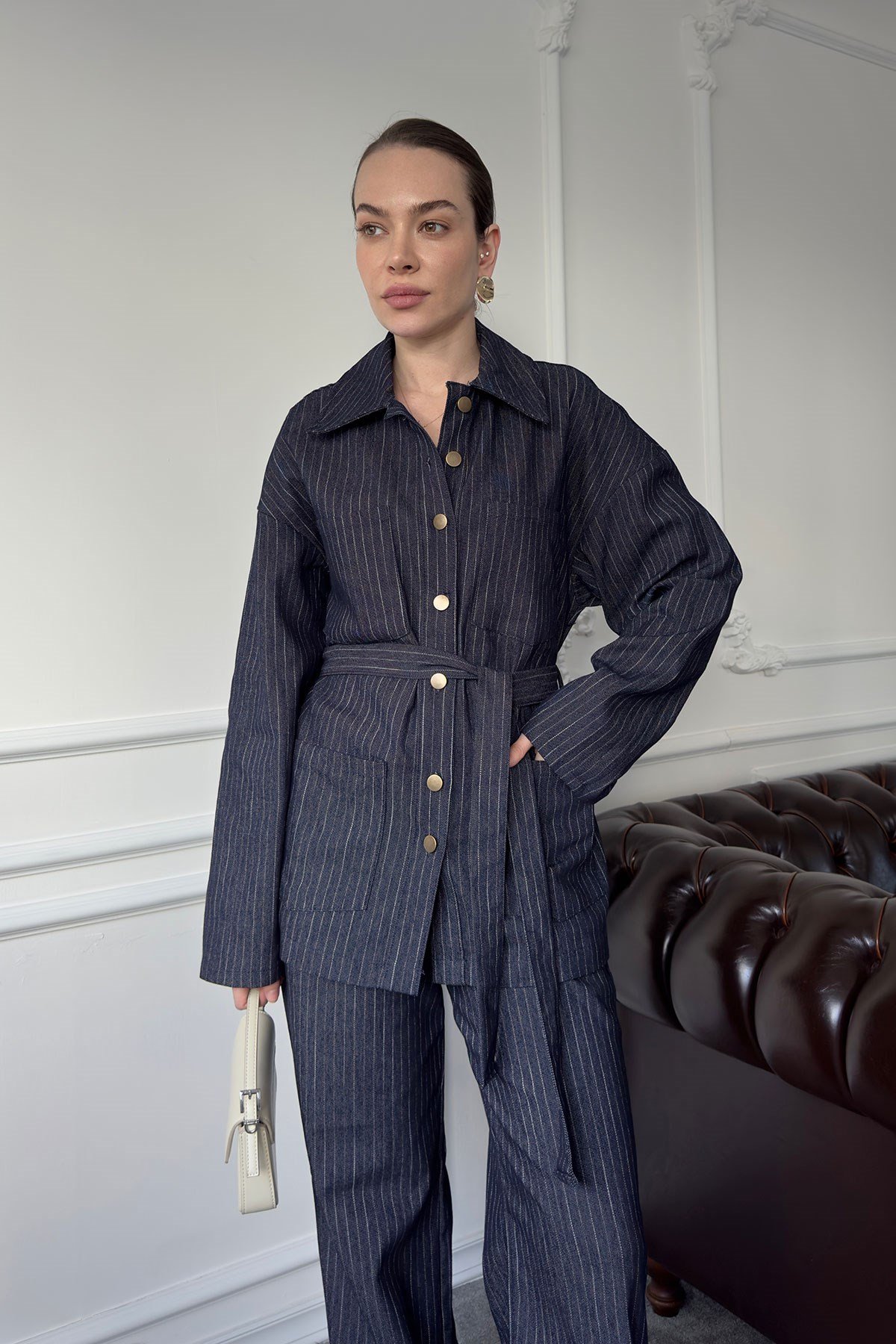 Çizgili Denim Premium Takım- MAVİ