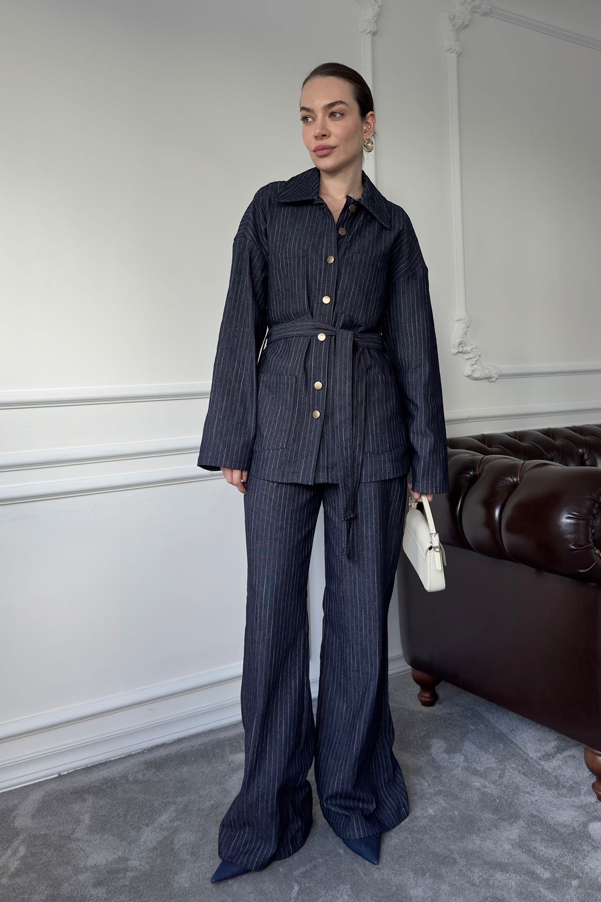 Çizgili Denim Premium Takım- MAVİ