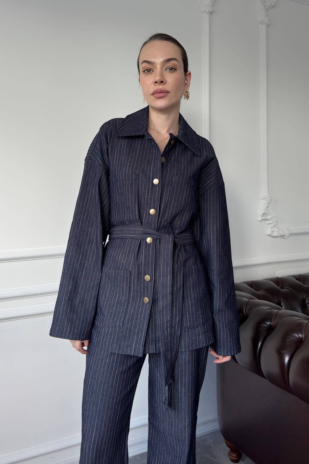 Çizgili Denim Premium Takım- MAVİ