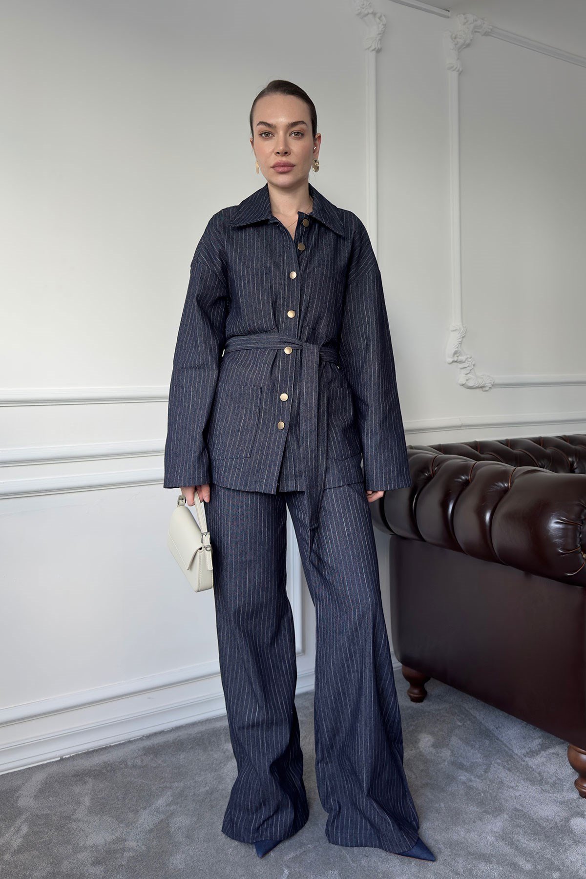 Çizgili Denim Premium Takım- MAVİ