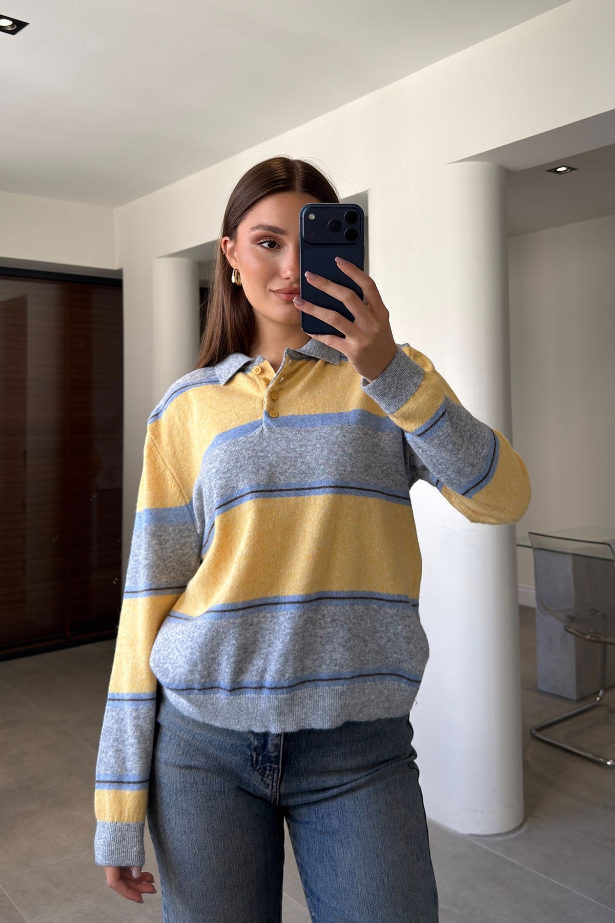 Çizgili Premium Polo Yaka Triko Kazak- SARI