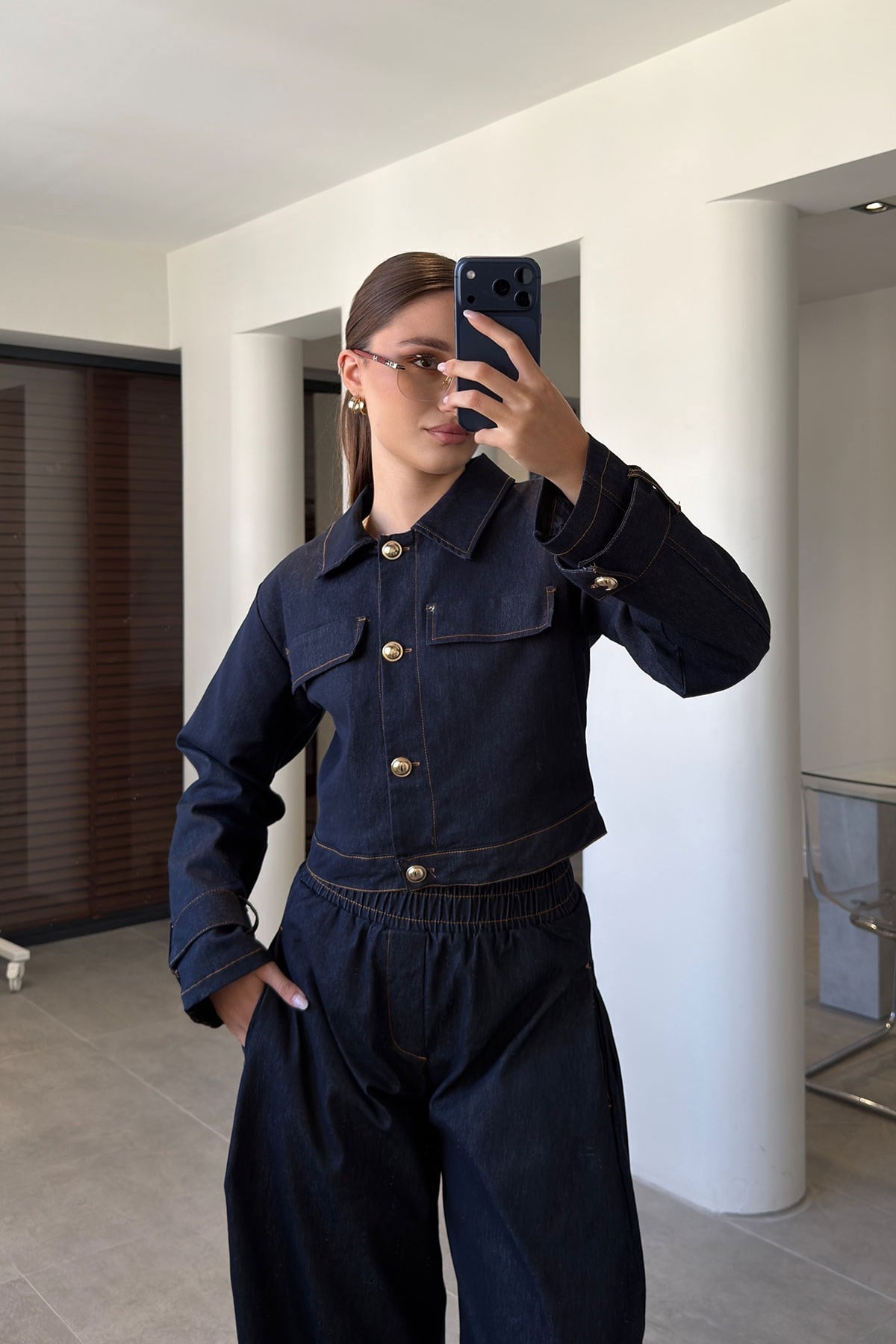 CROP CEKET PANTOLON JEAN TAKIM- LACİVERT