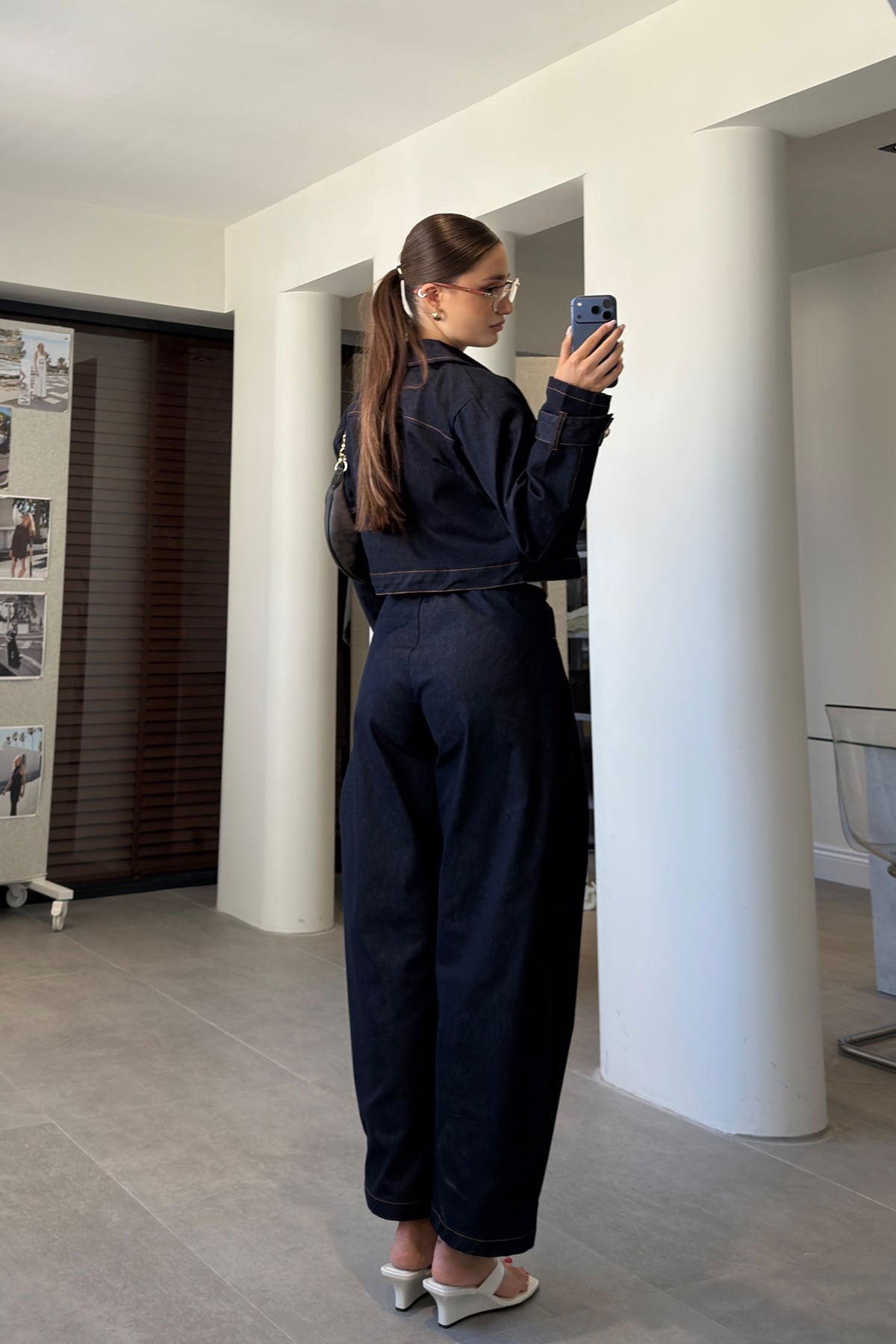 CROP CEKET PANTOLON JEAN TAKIM- LACİVERT
