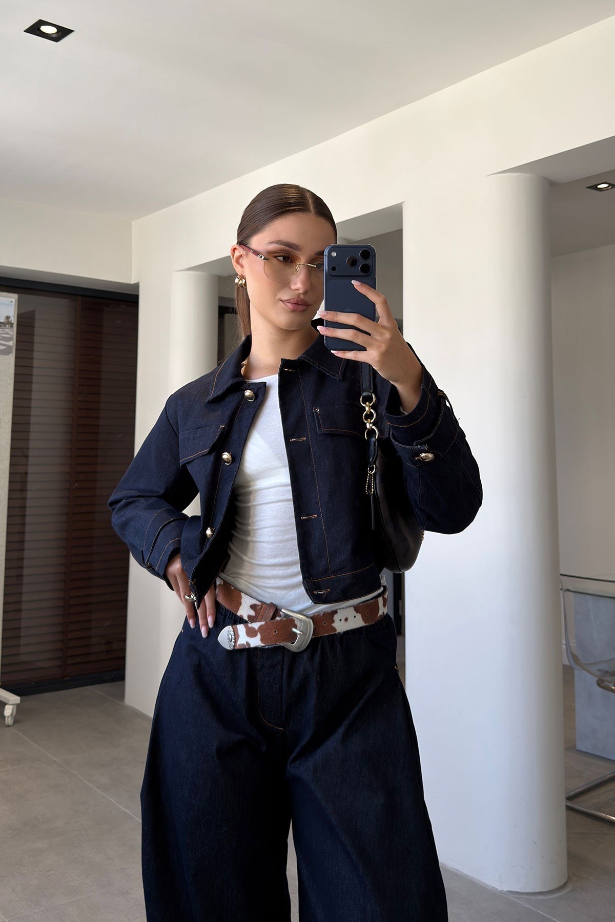 CROP CEKET PANTOLON JEAN TAKIM- LACİVERT