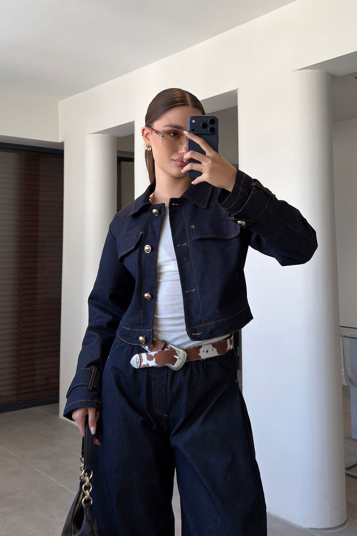 CROP CEKET PANTOLON JEAN TAKIM- LACİVERT