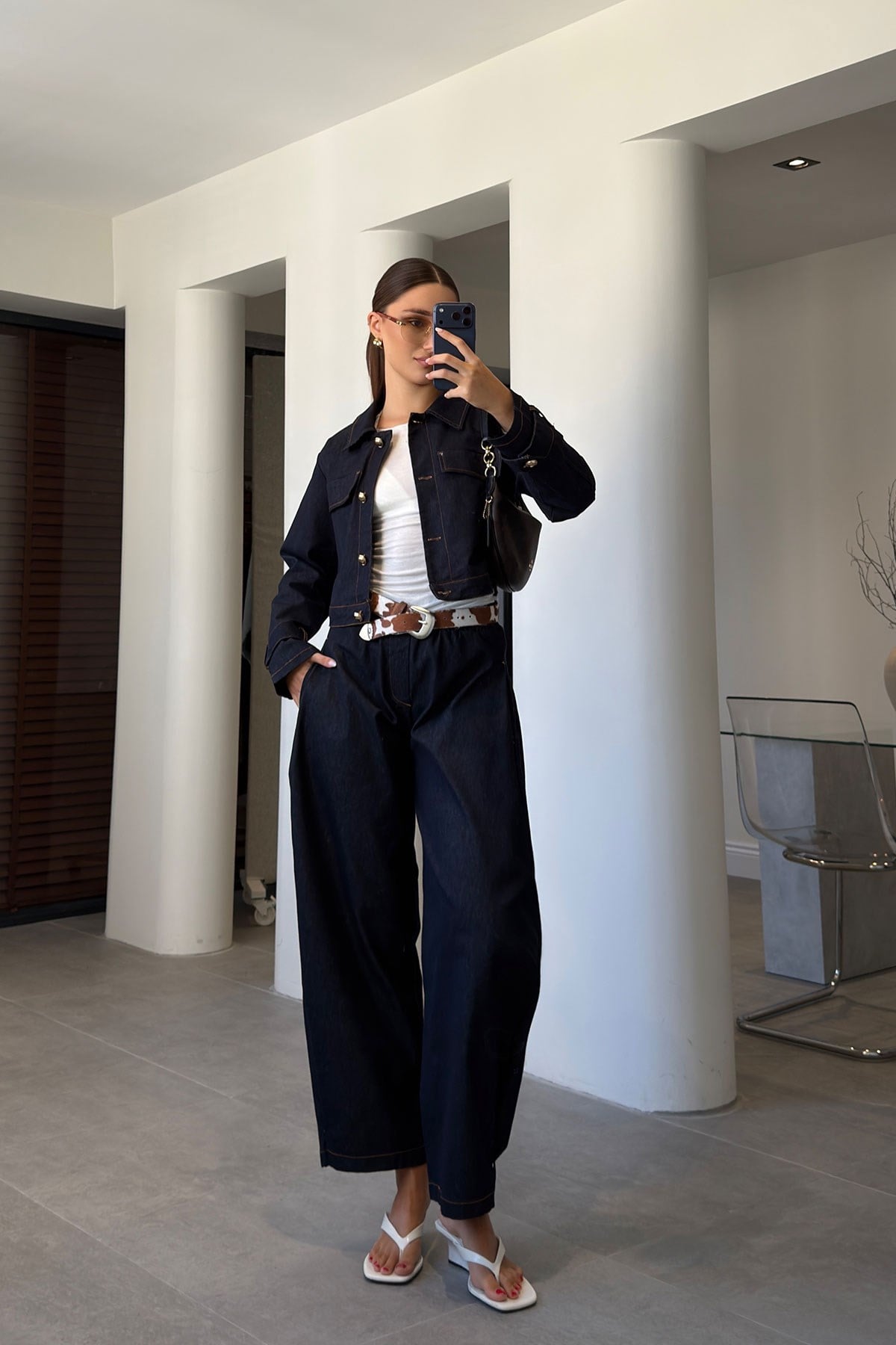 CROP CEKET PANTOLON JEAN TAKIM- LACİVERT