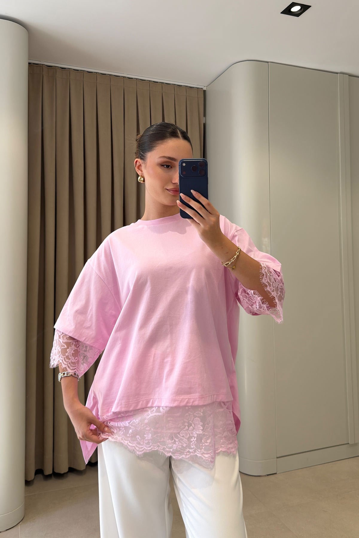 Dantel Detay Premium Bluz- PEMBE