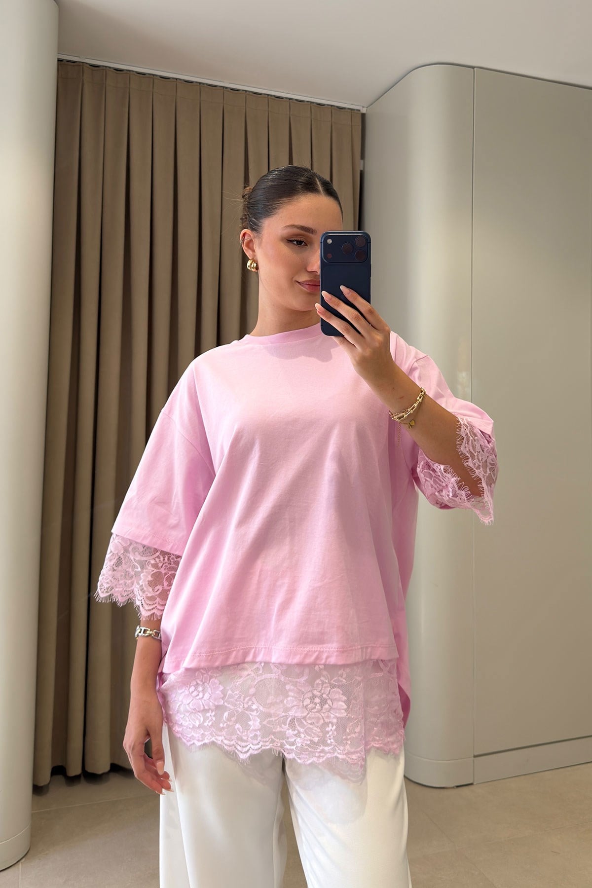 Dantel Detay Premium Bluz- PEMBE