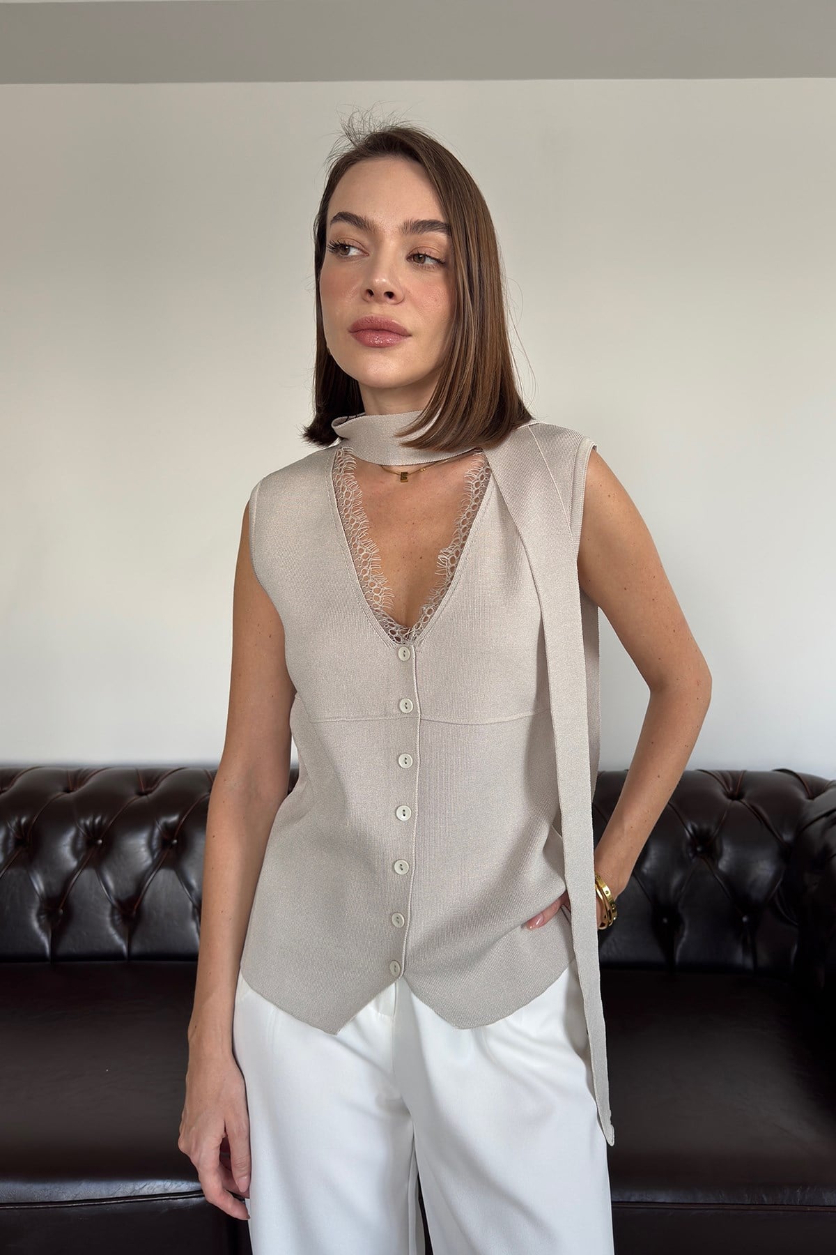 Dantelli Premium Bağlamalı Yelek- TAŞ