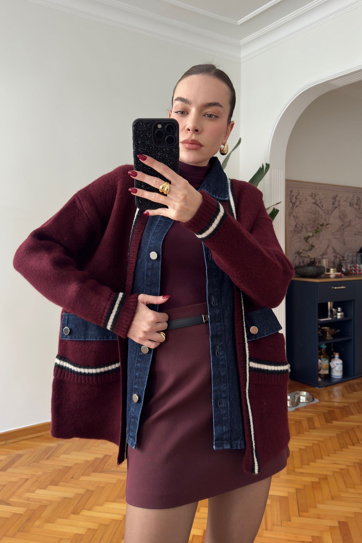 Denim Detay Premium Hırka- BORDO