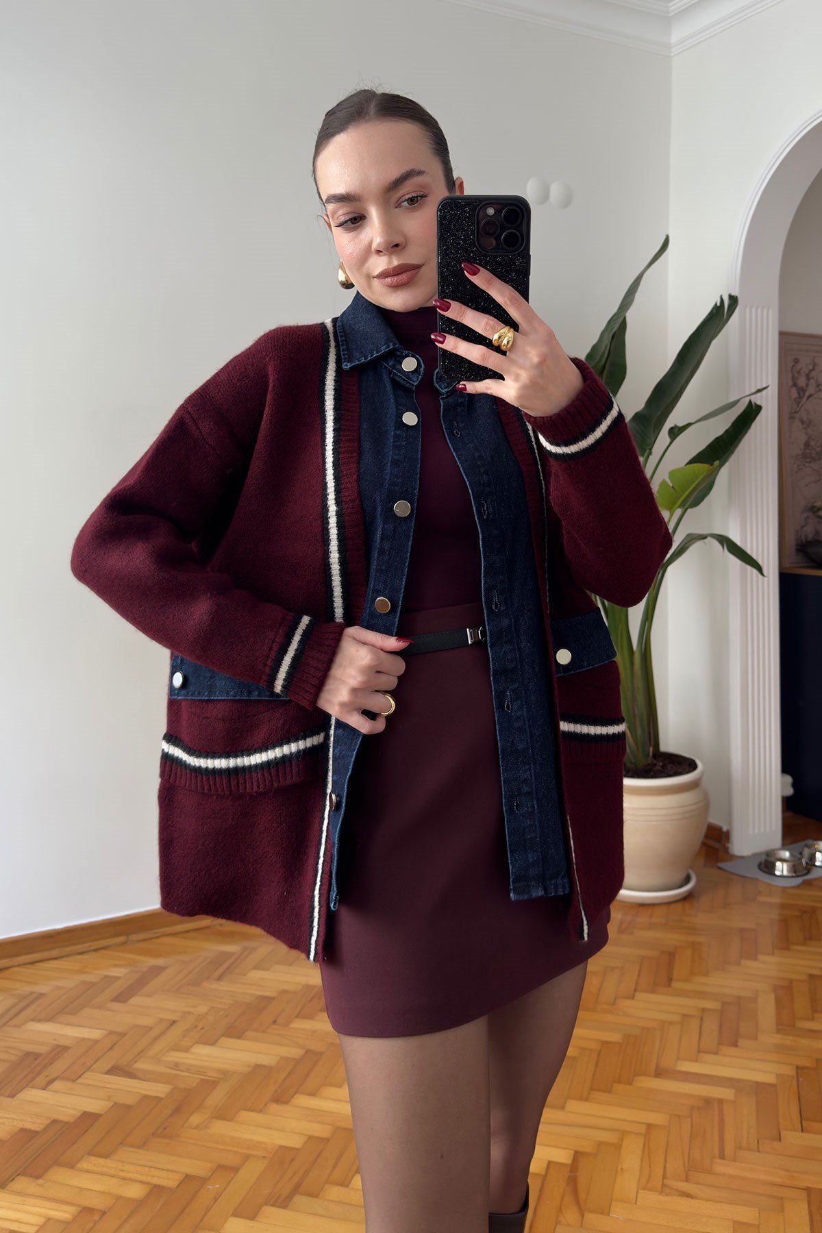 Denim Detay Premium Hırka- BORDO