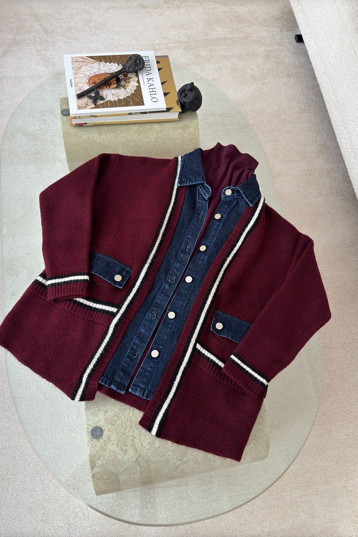 Denim Detay Premium Hırka- BORDO