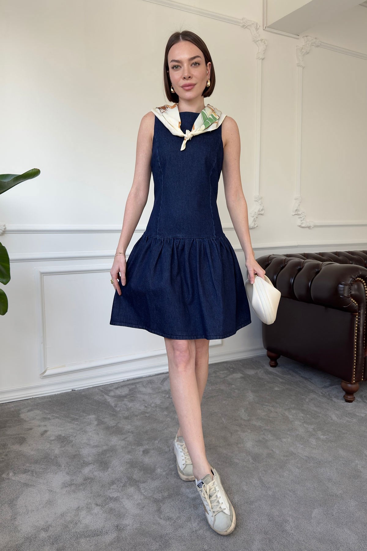 Denim Mini Elbise- MAVİ