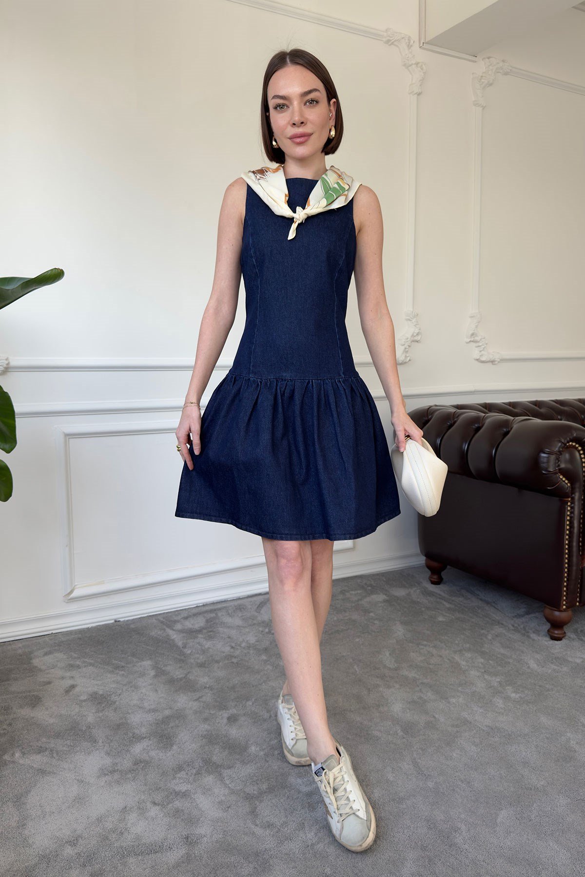 Denim Mini Elbise- MAVİ
