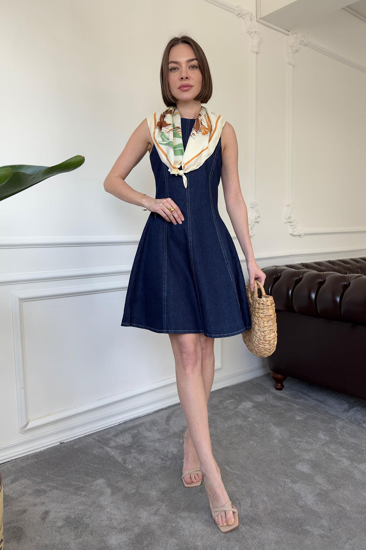 Denim Parçalı Mini Elbise- MAVİ