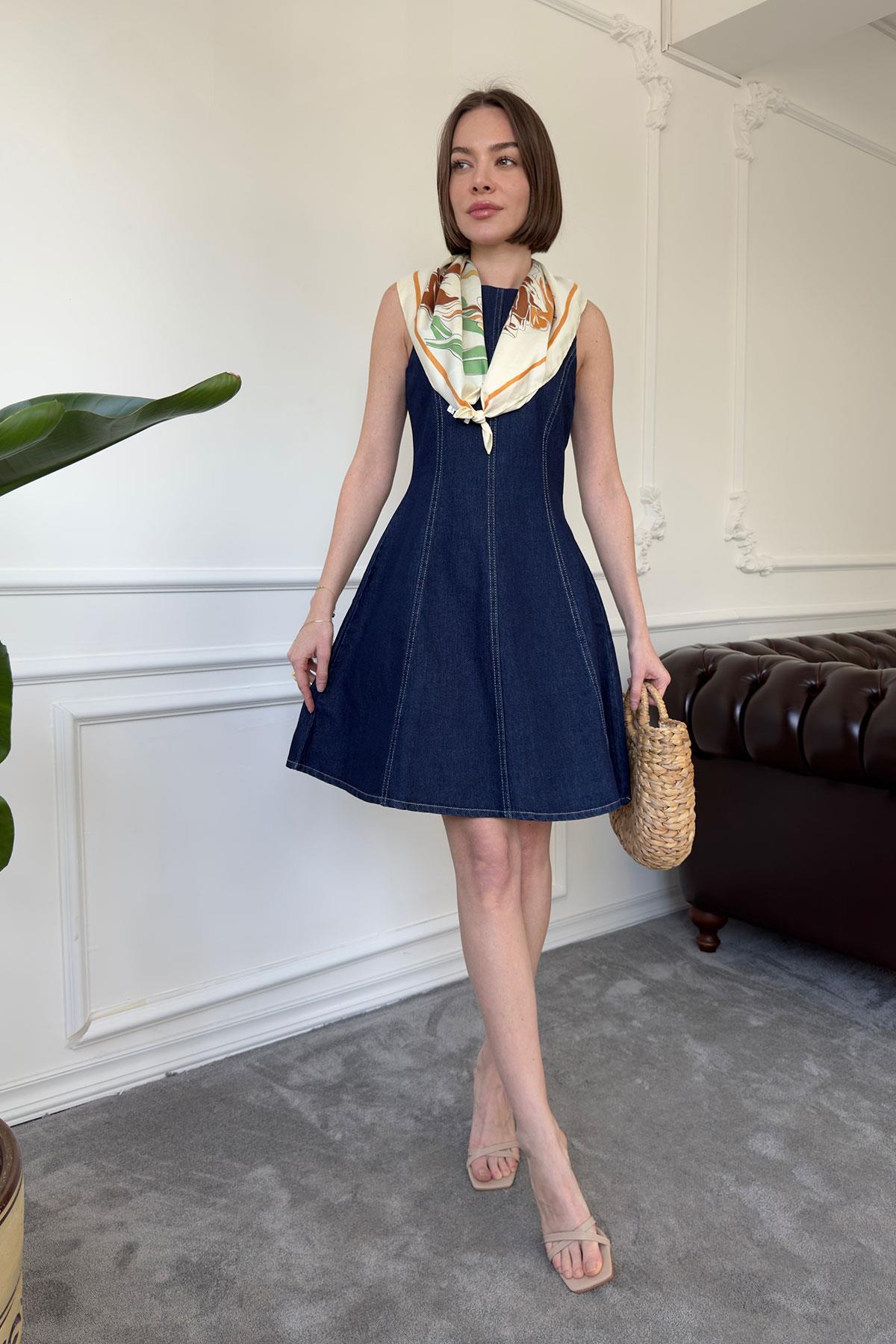Denim Parçalı Mini Elbise- MAVİ
