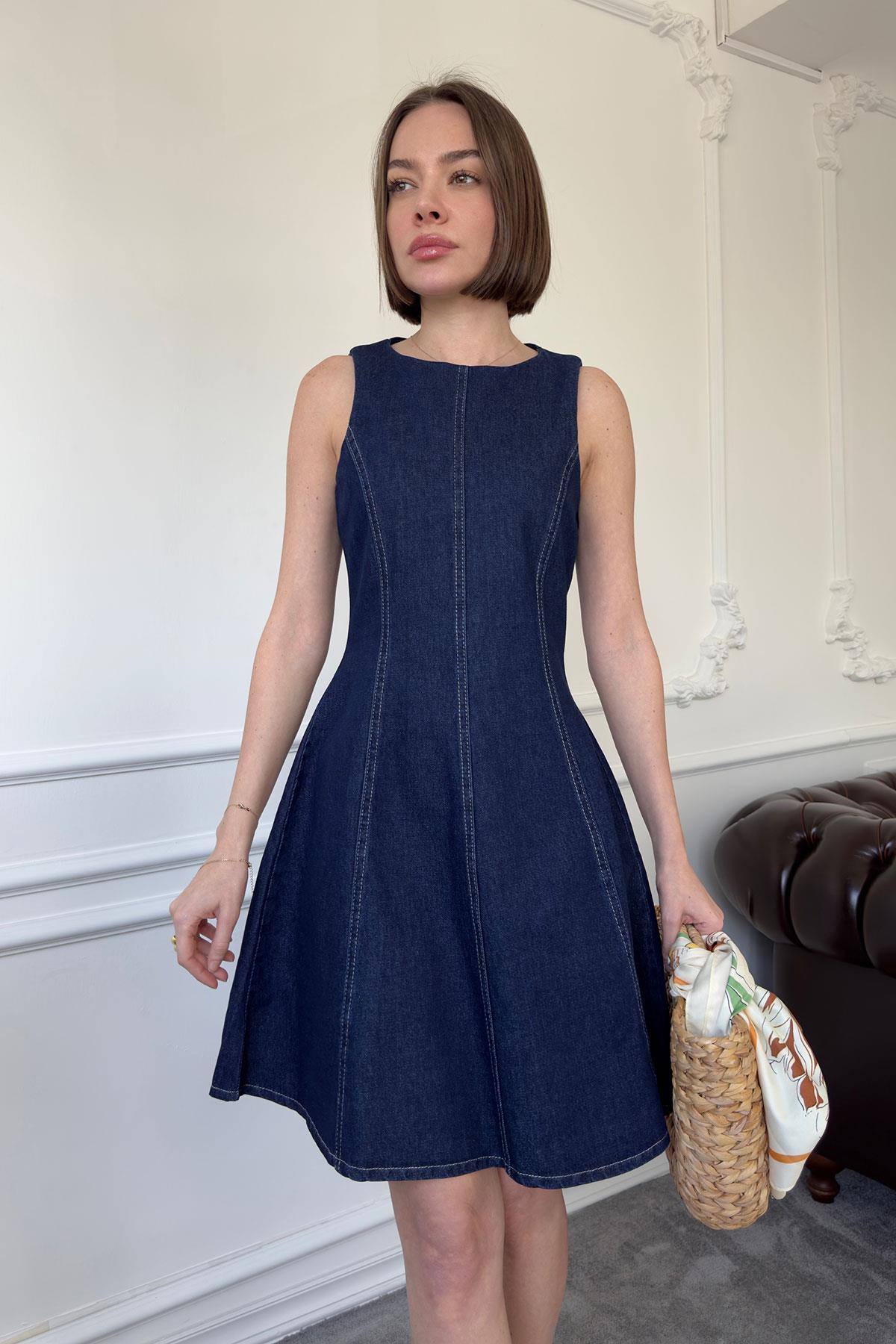 Denim Parçalı Mini Elbise- MAVİ