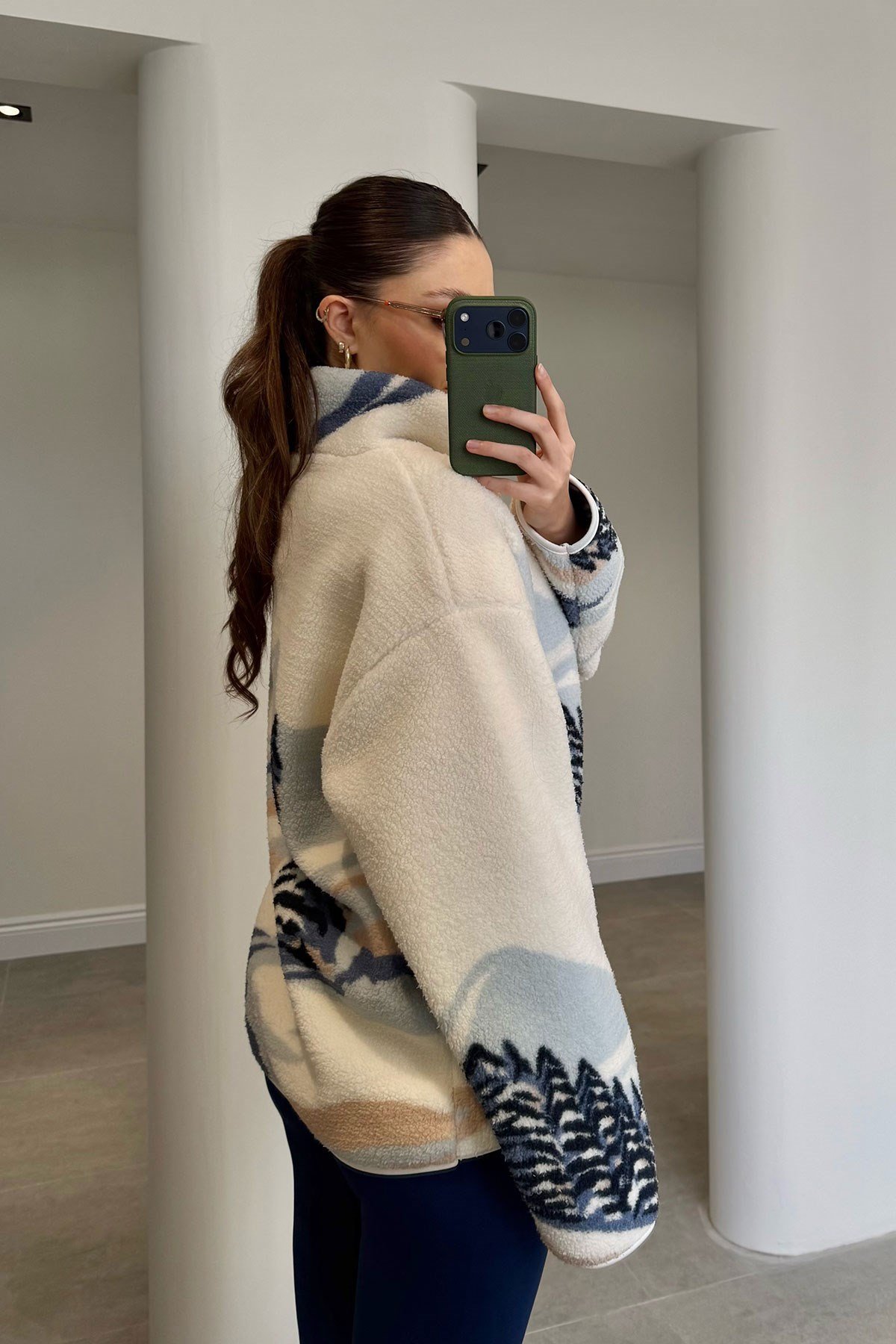 Desenli Oversize Polar Sweatshırt- MAVİ
