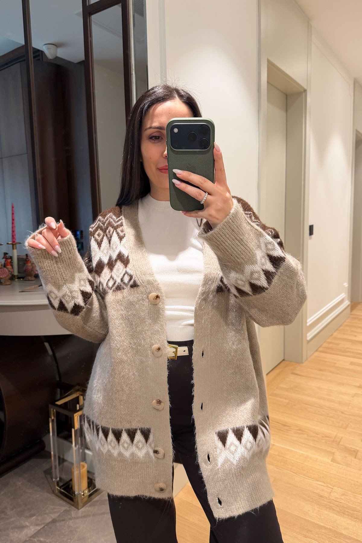 Desenli Oversize Triko Angora Hırka- CAMEL