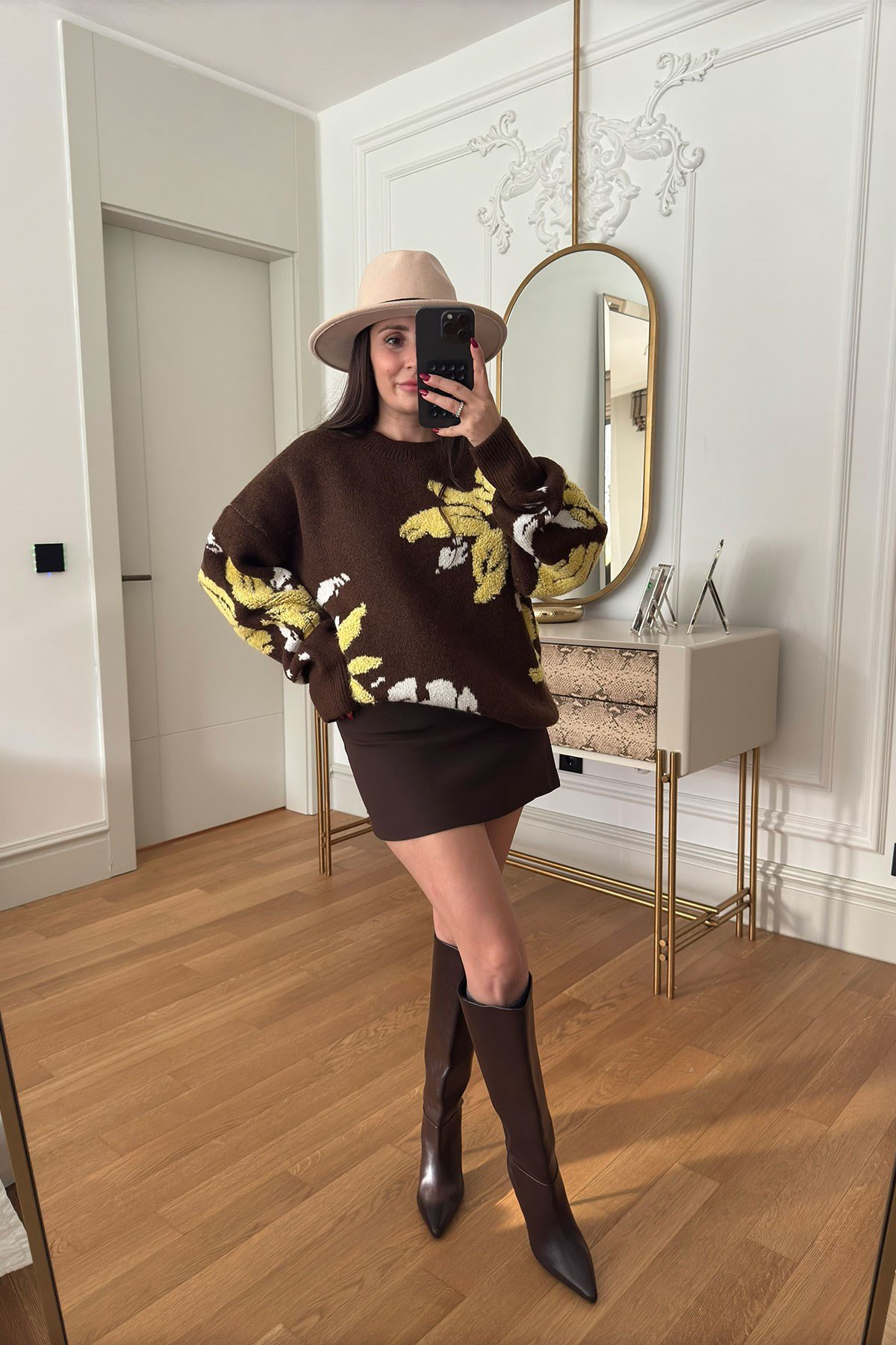 Desenli Oversize Yeni Sezon Triko Kazak- KAHVERENGİ