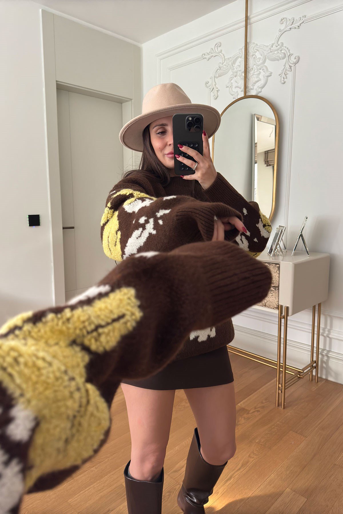 Desenli Oversize Yeni Sezon Triko Kazak- KAHVERENGİ