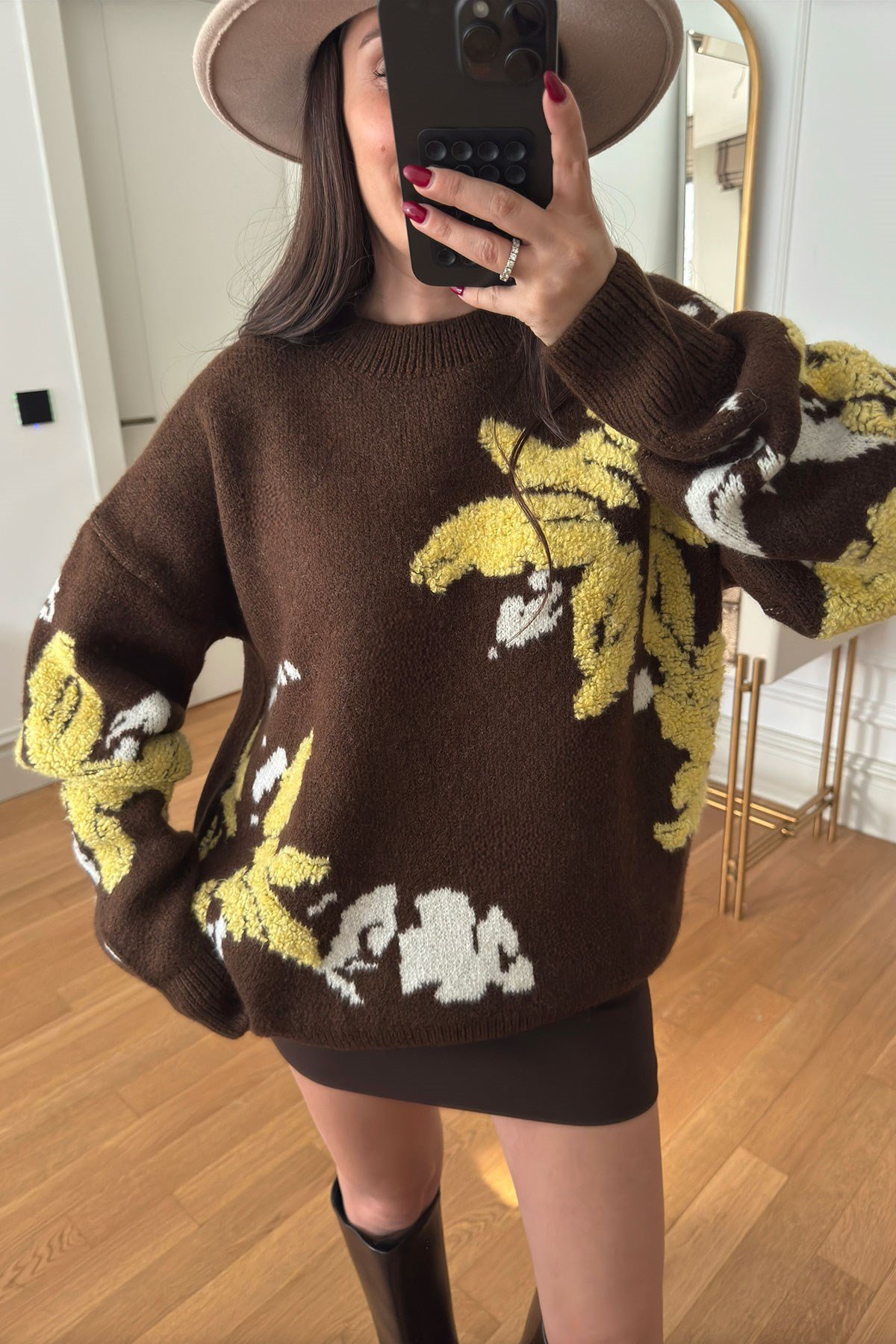 Desenli Oversize Yeni Sezon Triko Kazak- KAHVERENGİ