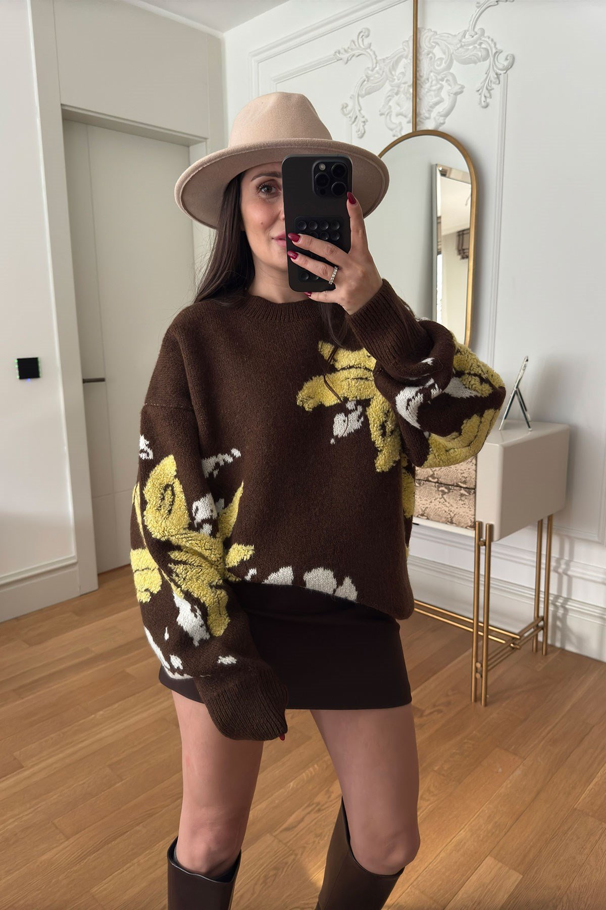 Desenli Oversize Yeni Sezon Triko Kazak- KAHVERENGİ