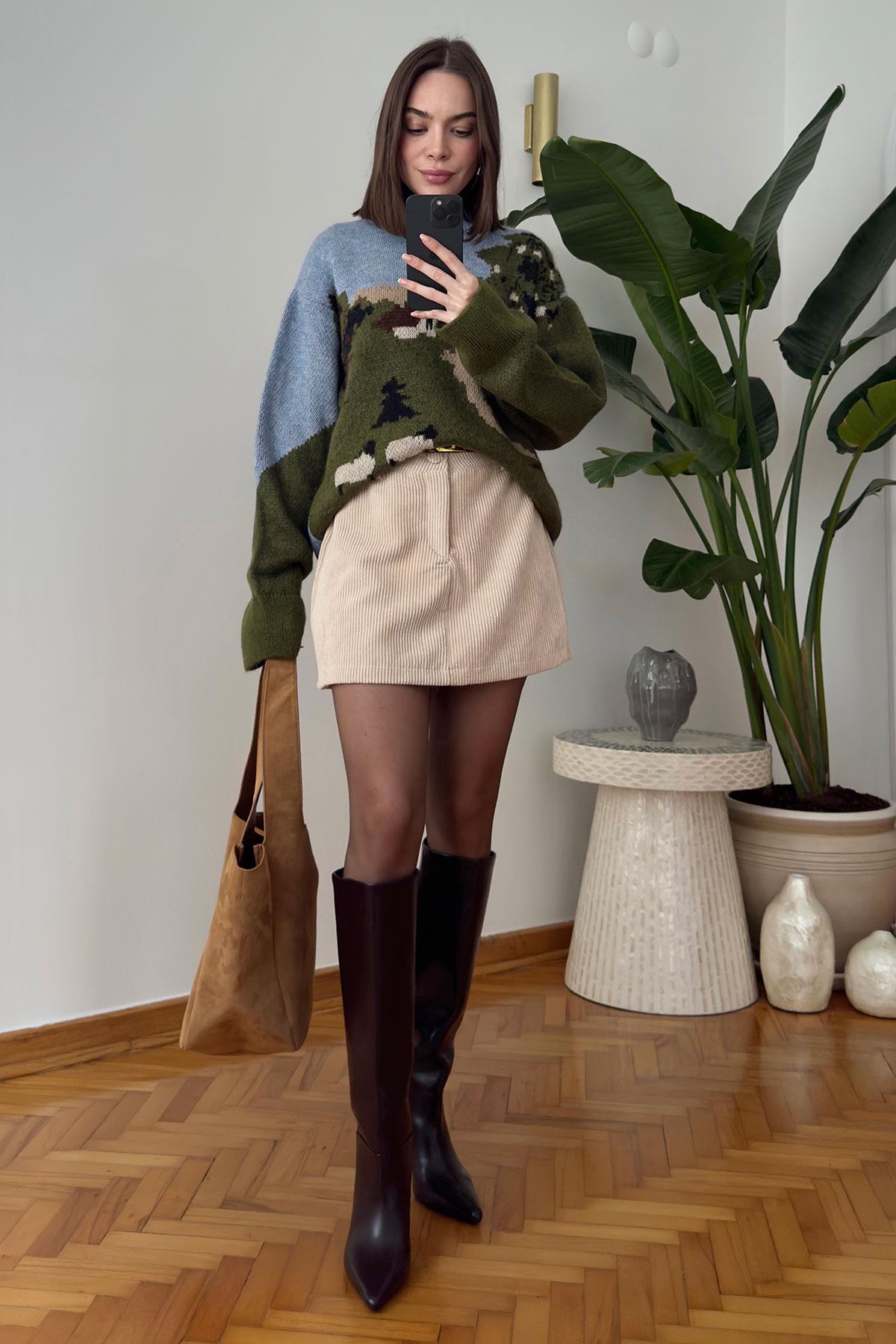 Desenli Premium Oversize Triko Kazak- MAVİ