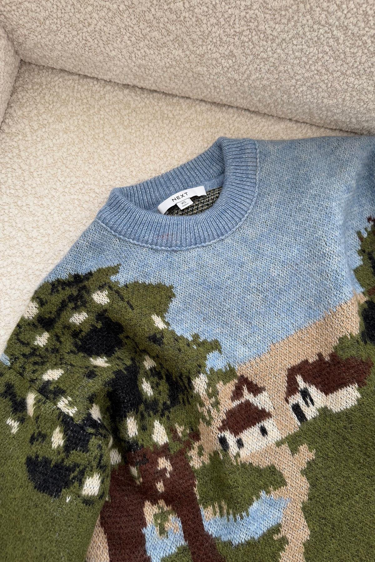 Desenli Premium Oversize Triko Kazak- MAVİ