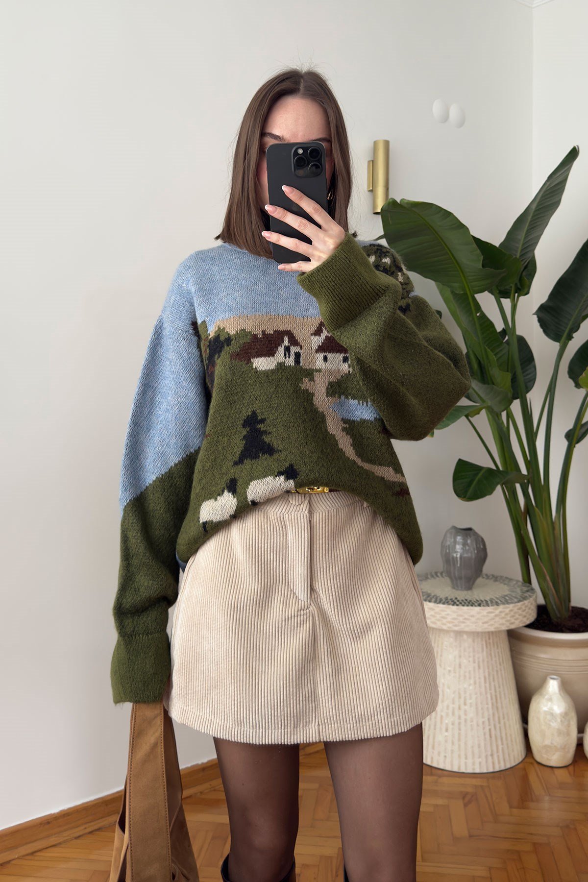 Desenli Premium Oversize Triko Kazak- MAVİ