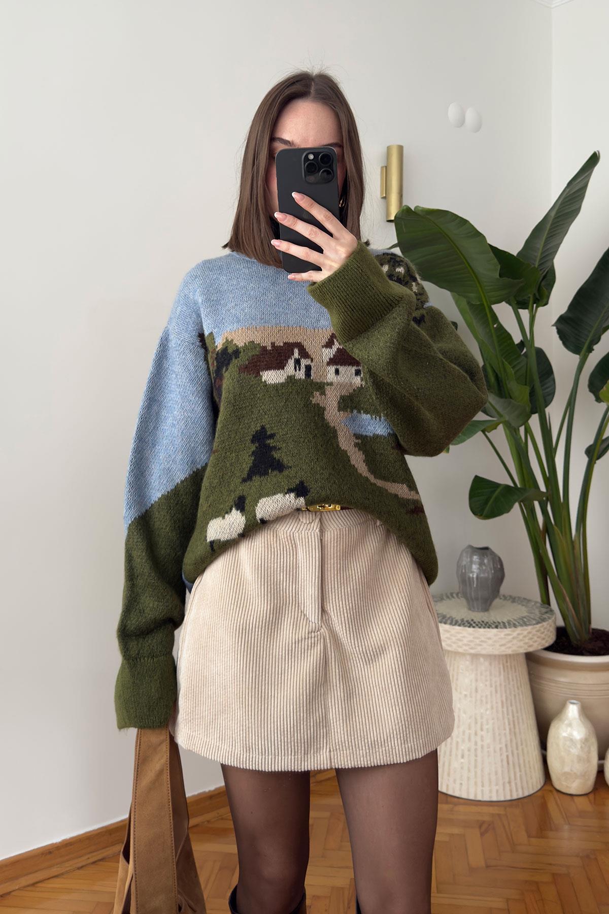 Desenli Premium Oversize Triko Kazak- MAVİ