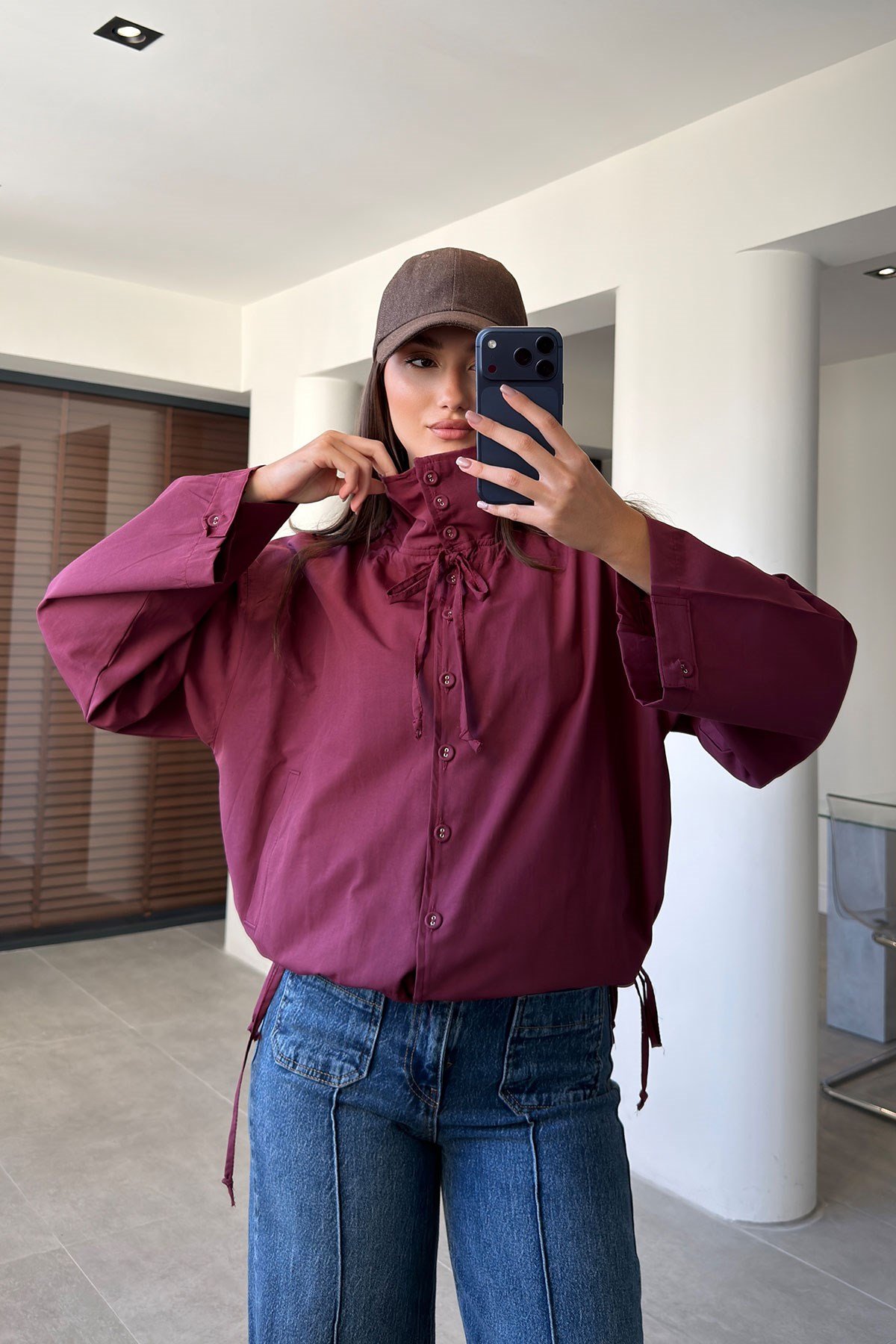 Dik Yaka Bağlama Detaylı Premium Ceket- BORDO