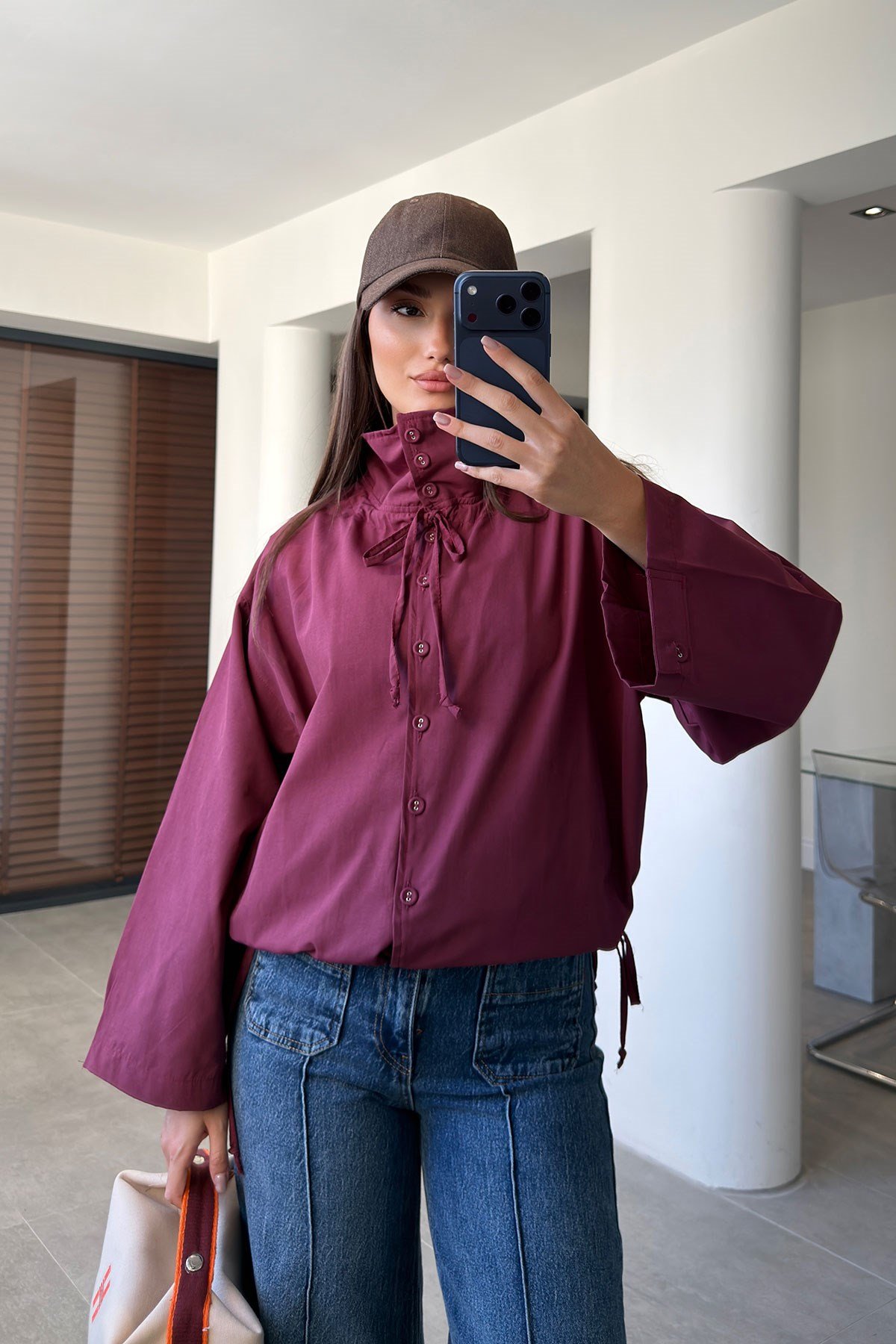 Dik Yaka Bağlama Detaylı Premium Ceket- BORDO
