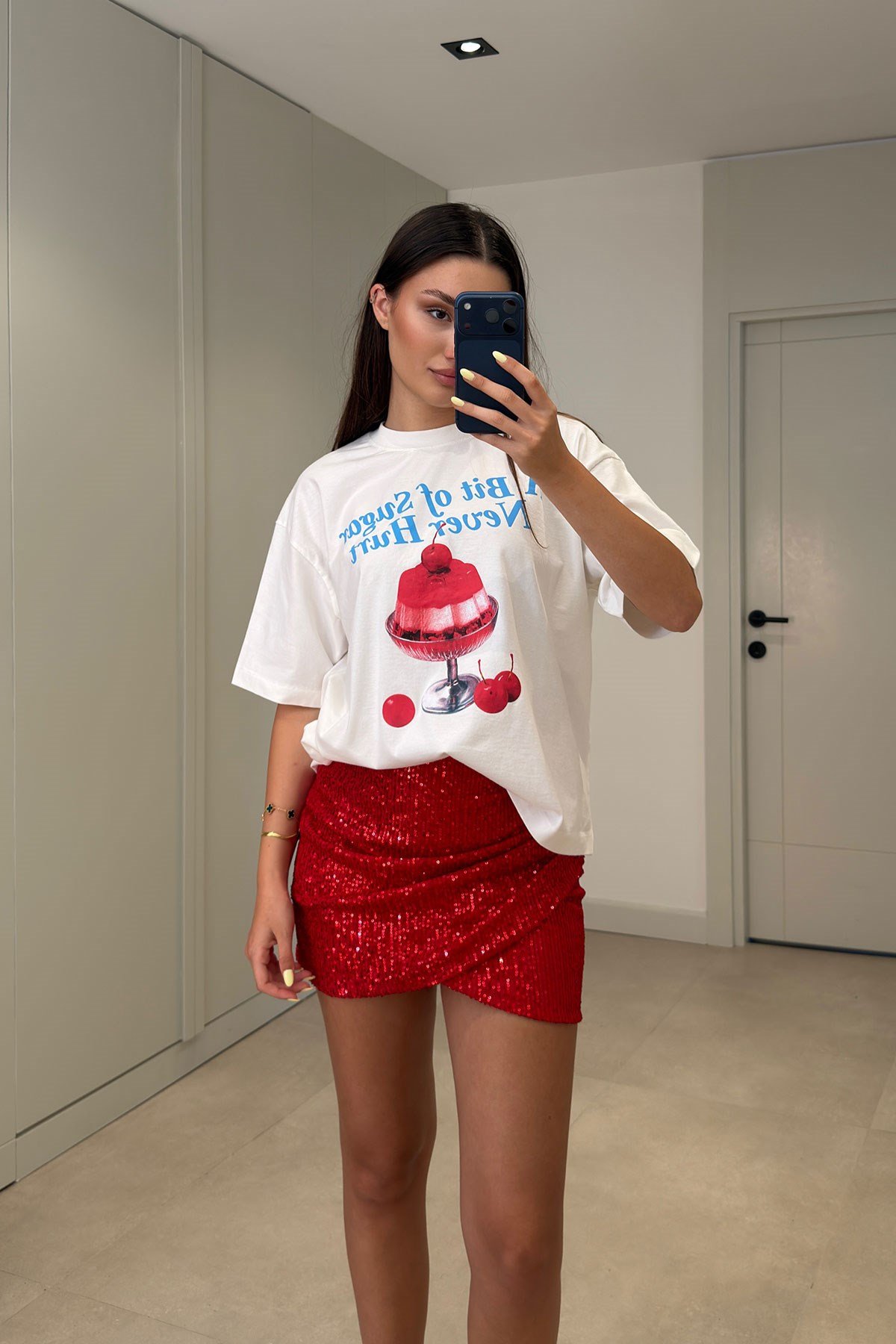 Drape Detay Pullu Etek- KIRMIZI