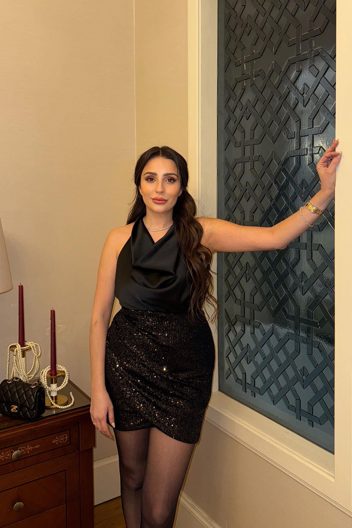 Drape Detay Pullu Etek- SİYAH