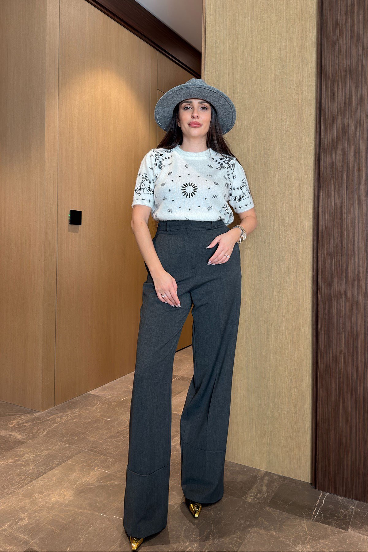 Duble Paça Detay Palazzo Pantolon- GRİ
