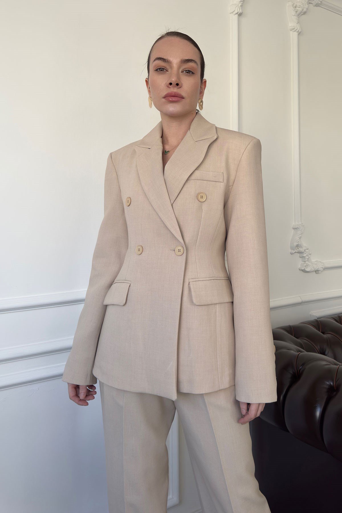 Düğme Detay Blazer Takım- TAŞ