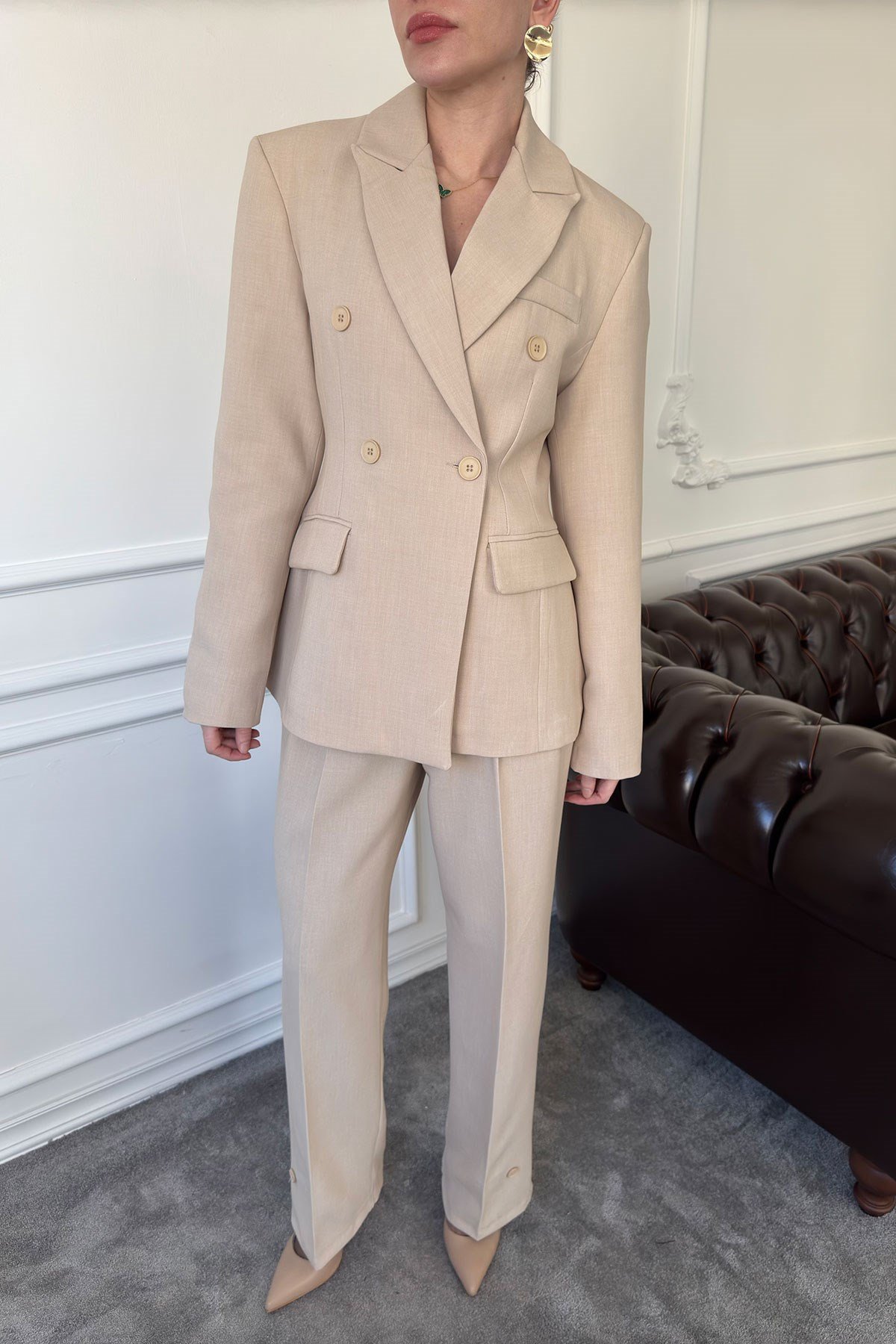 Düğme Detay Blazer Takım- TAŞ