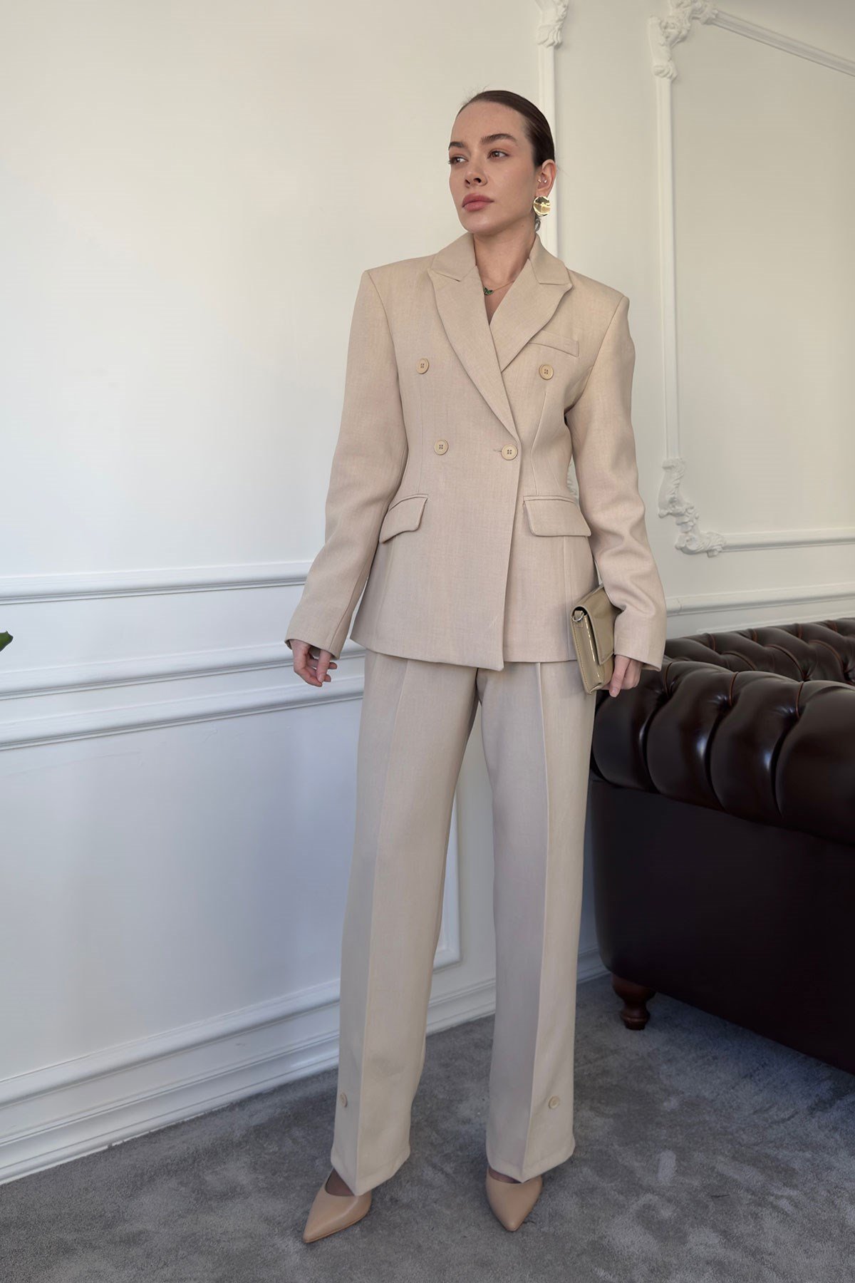 Düğme Detay Blazer Takım- TAŞ