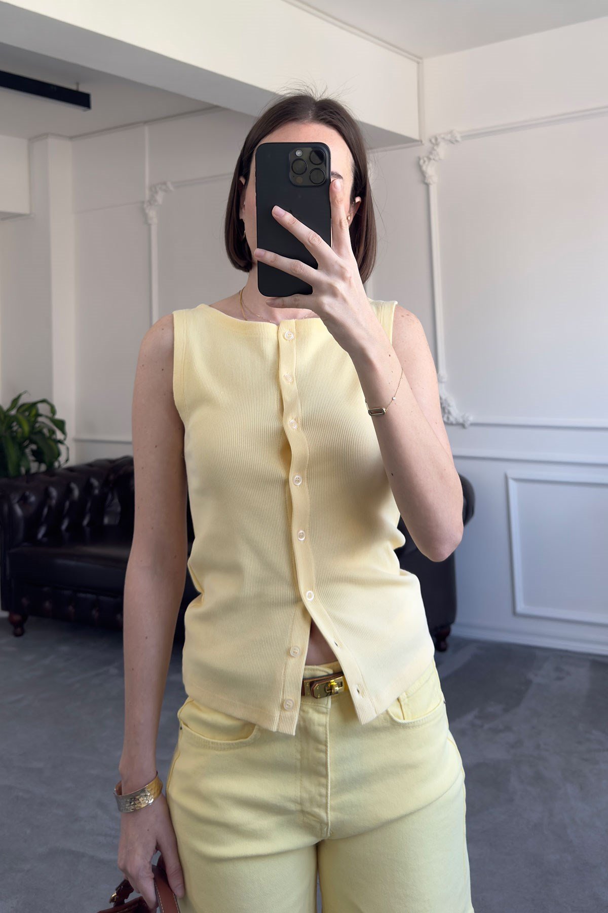 Düğmeli Örme Özel Seri Yelek- SARI