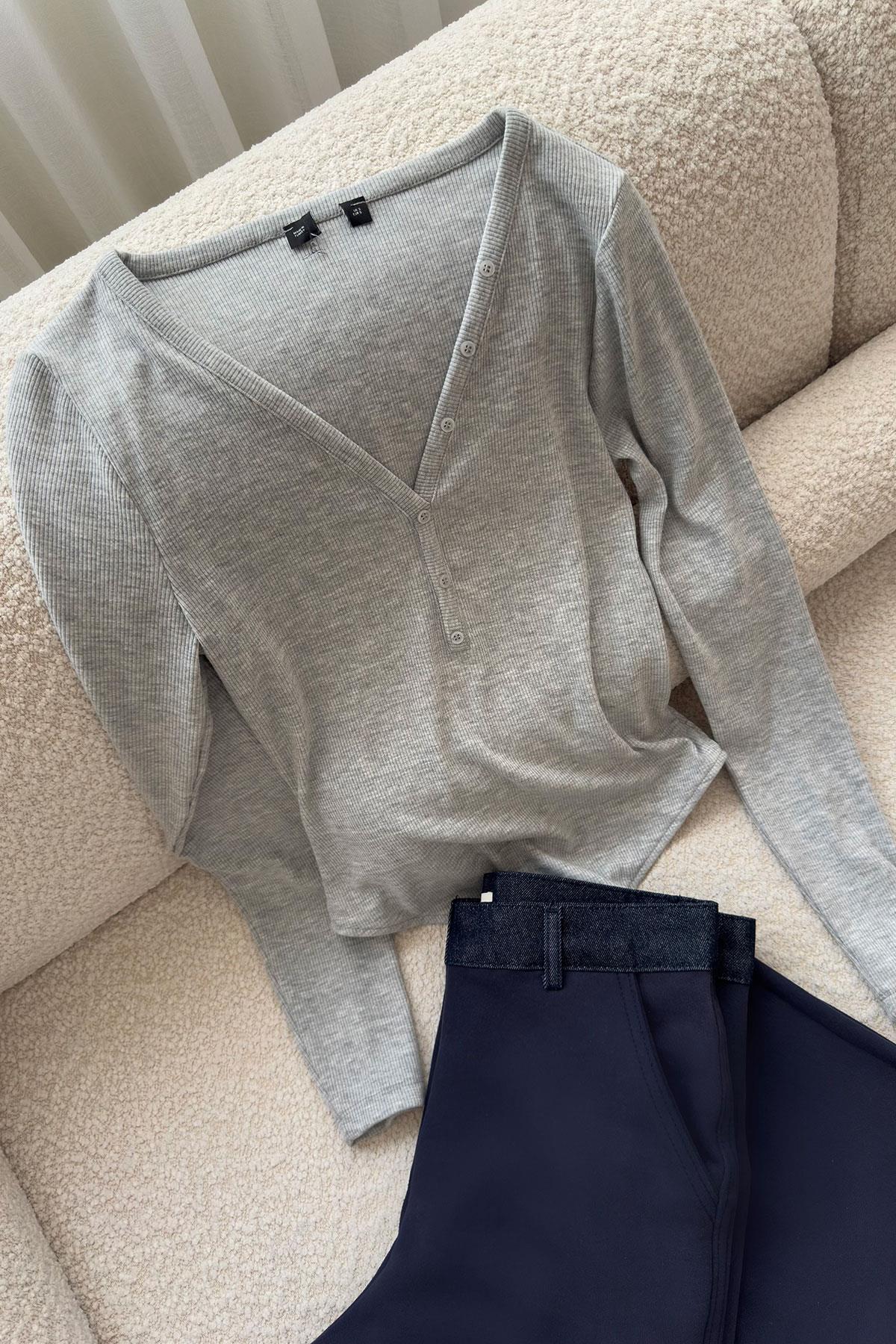 Düğmeli Premium Bodysuit- GRİ