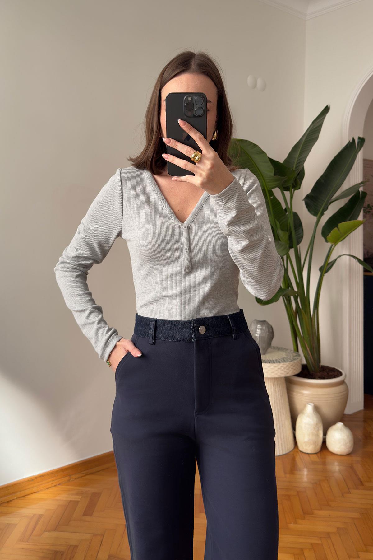Düğmeli Premium Bodysuit- GRİ